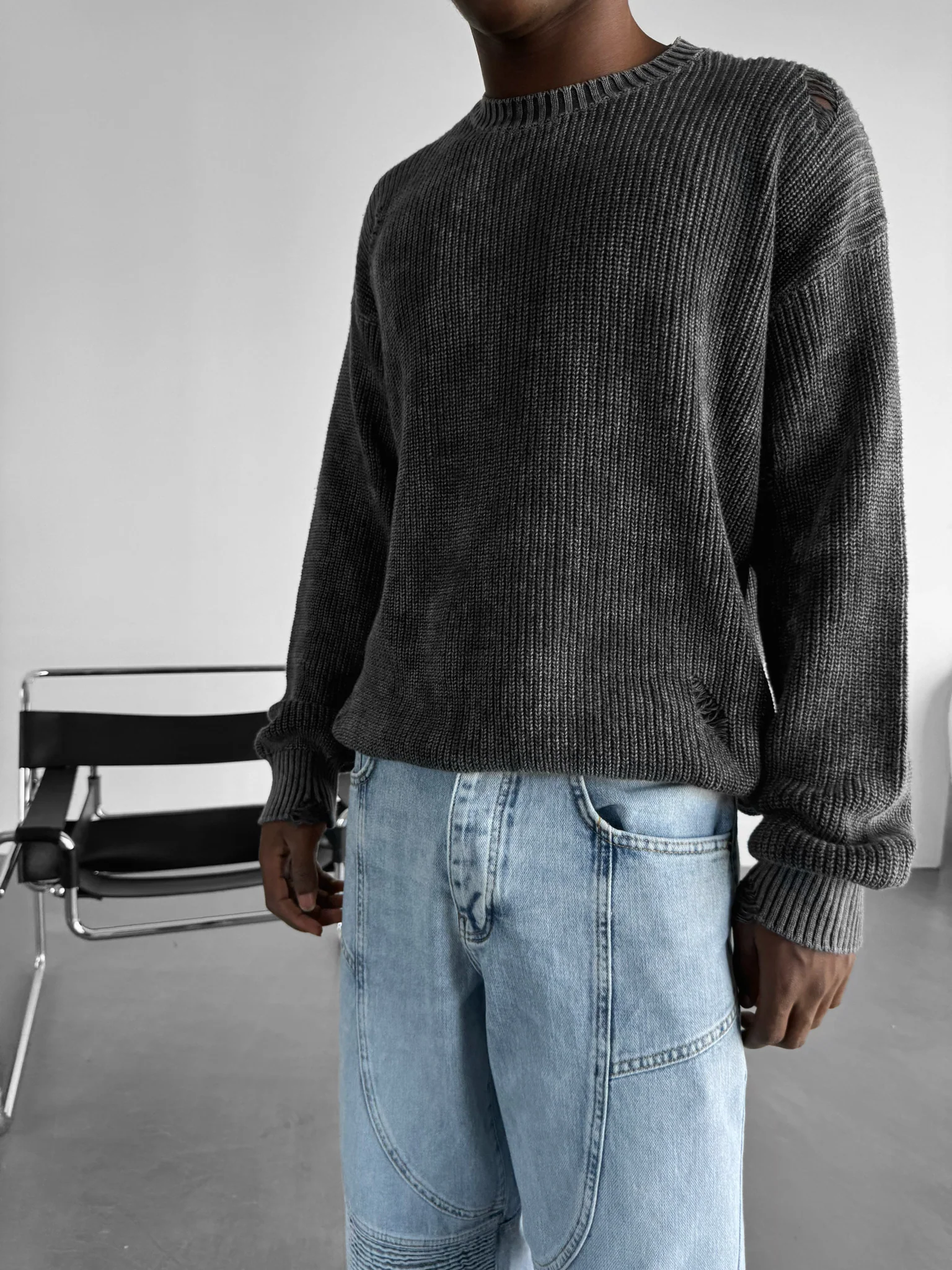 Loose Fit Knit Torn Sweater - Black - Image 4