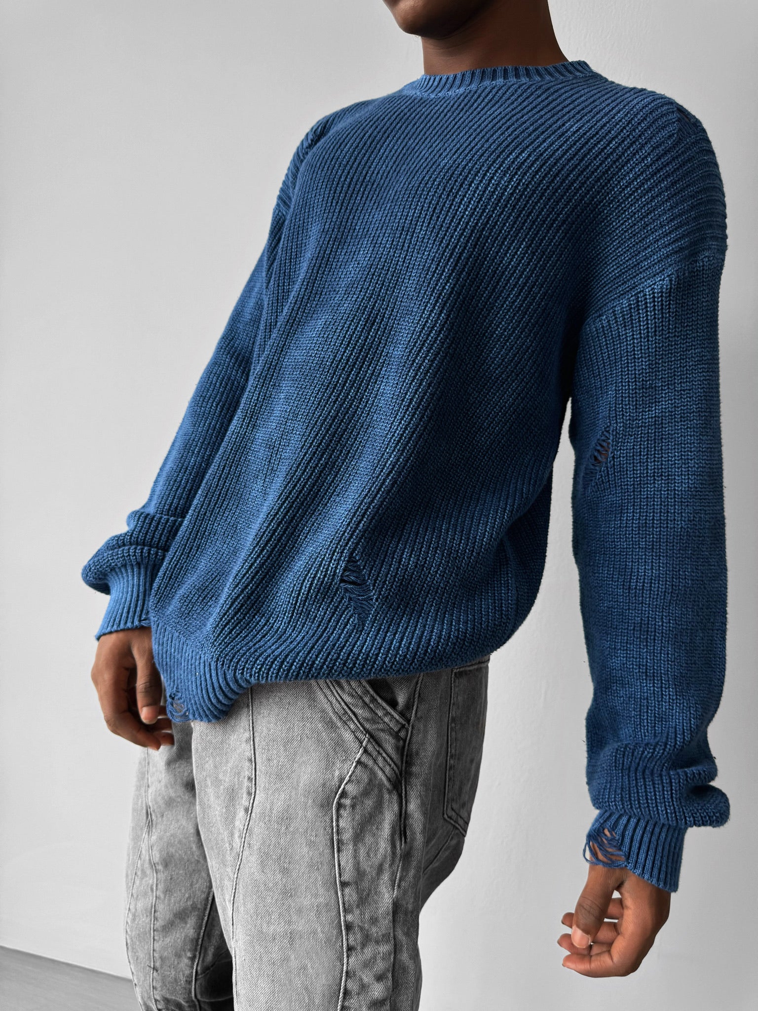 Loose Fit Knit Torn Sweater - Indigo - Image 4