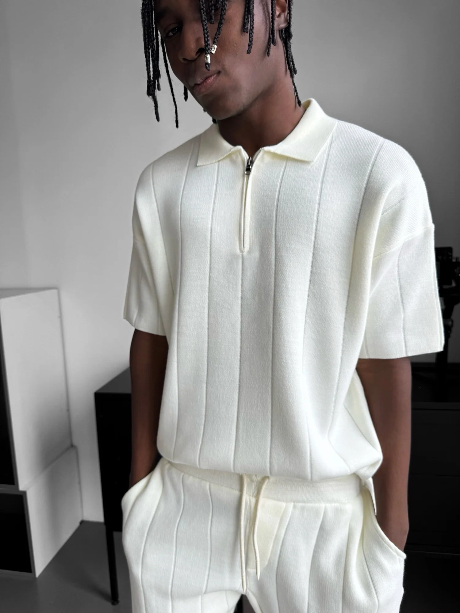Loose Fit Line Collar Knit T-Shirt - Ecru