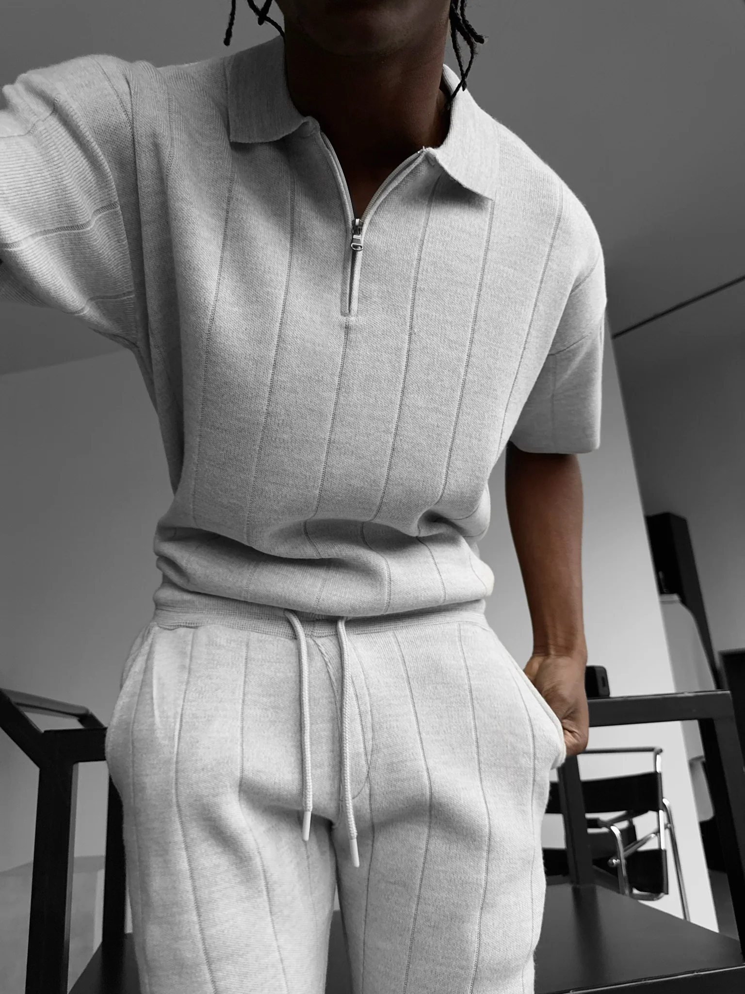 Loose Fit Line Collar Knit T-Shirt - Light Grey - Image 2