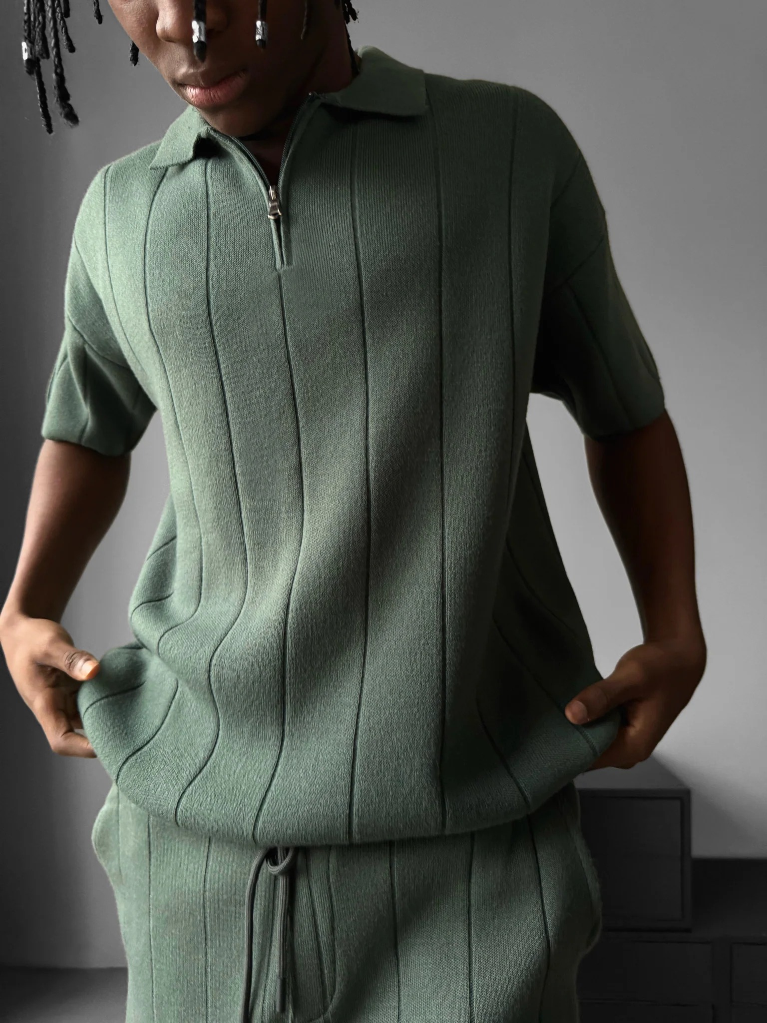 Loose Fit Line Collar Knit T-Shirt - Petrol