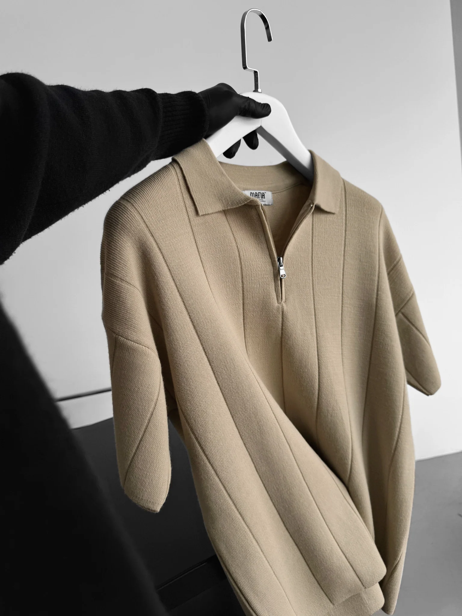 Loose Fit Line Collar Knit T-Shirt - Stone