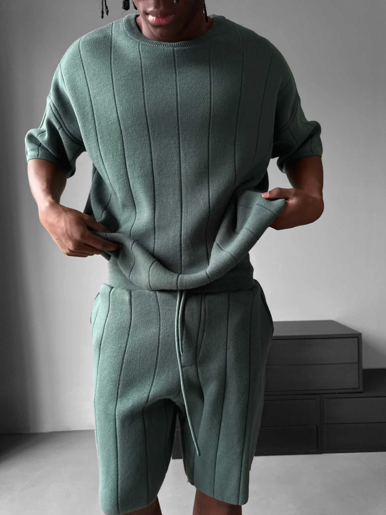 Loose Fit Line Knit Shorts - Petrol - Image 2