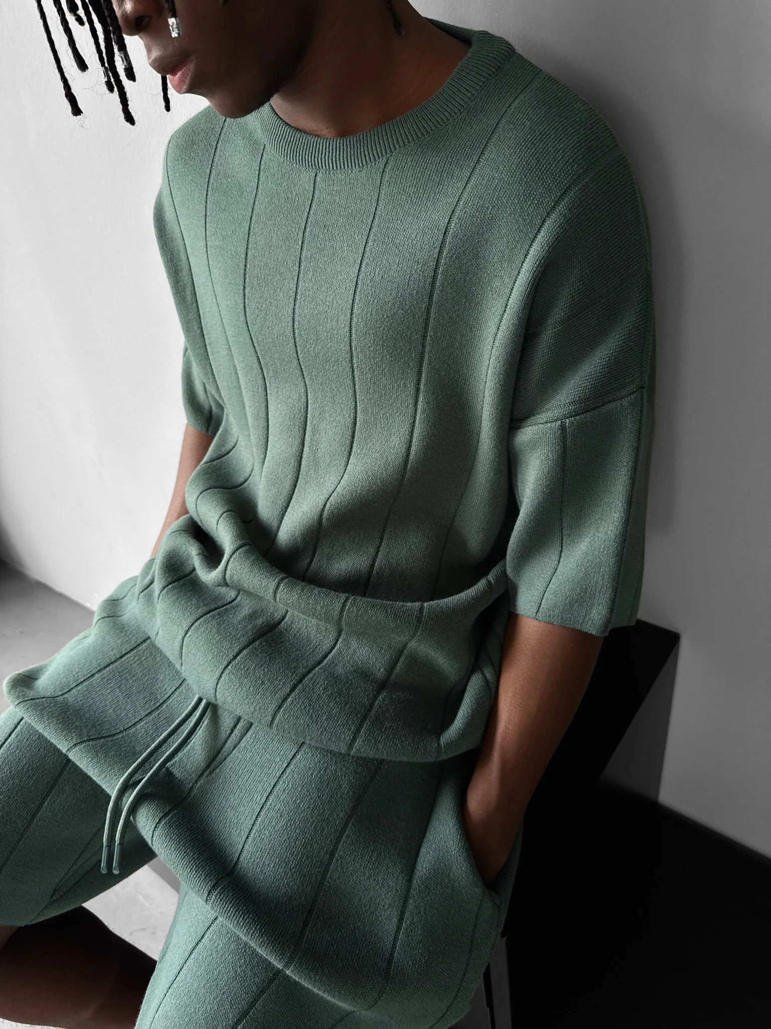 Loose Fit Line Knit Shorts - Petrol - Image 3