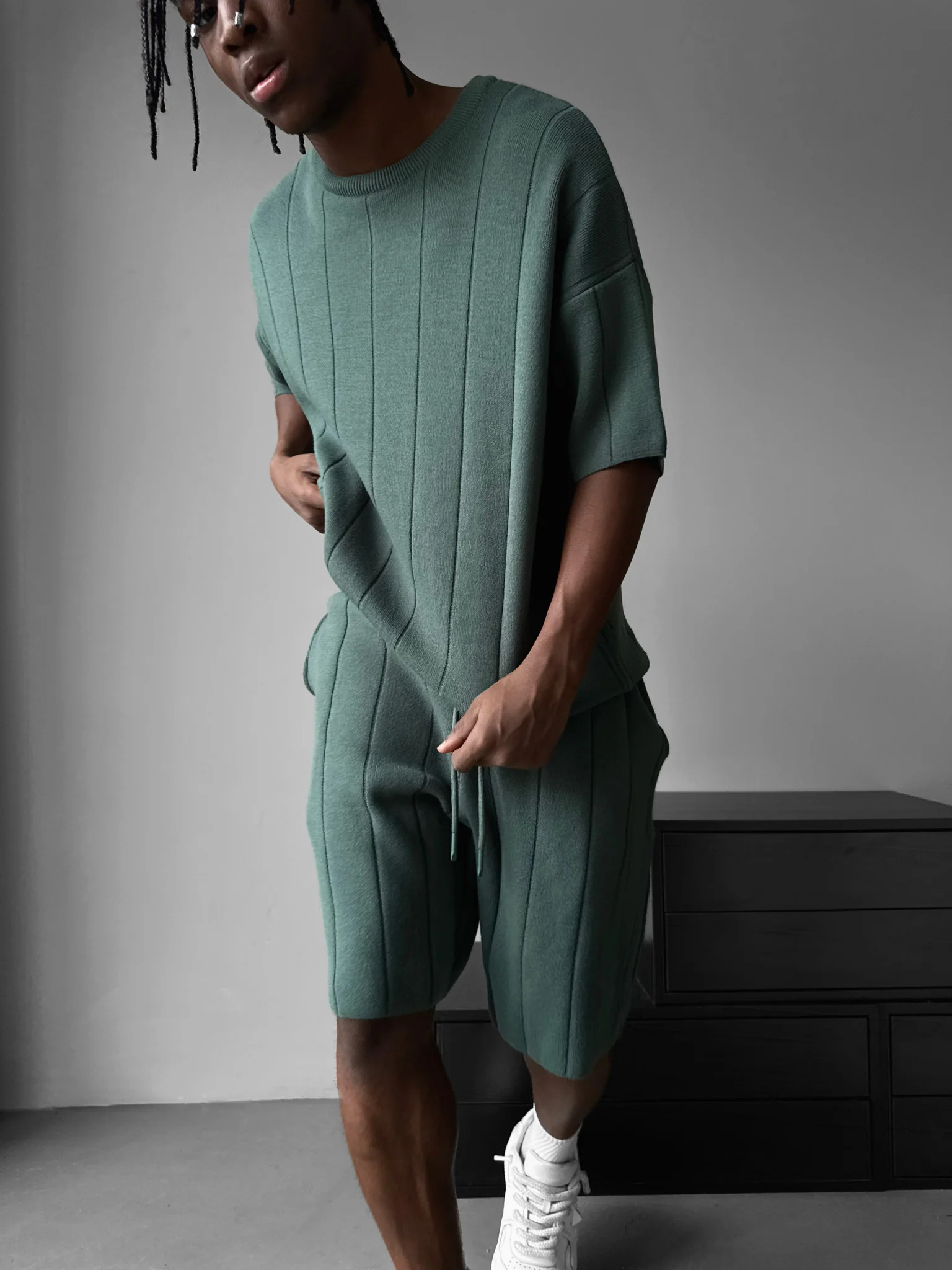 Loose Fit Line Knit Shorts - Petrol - Image 4