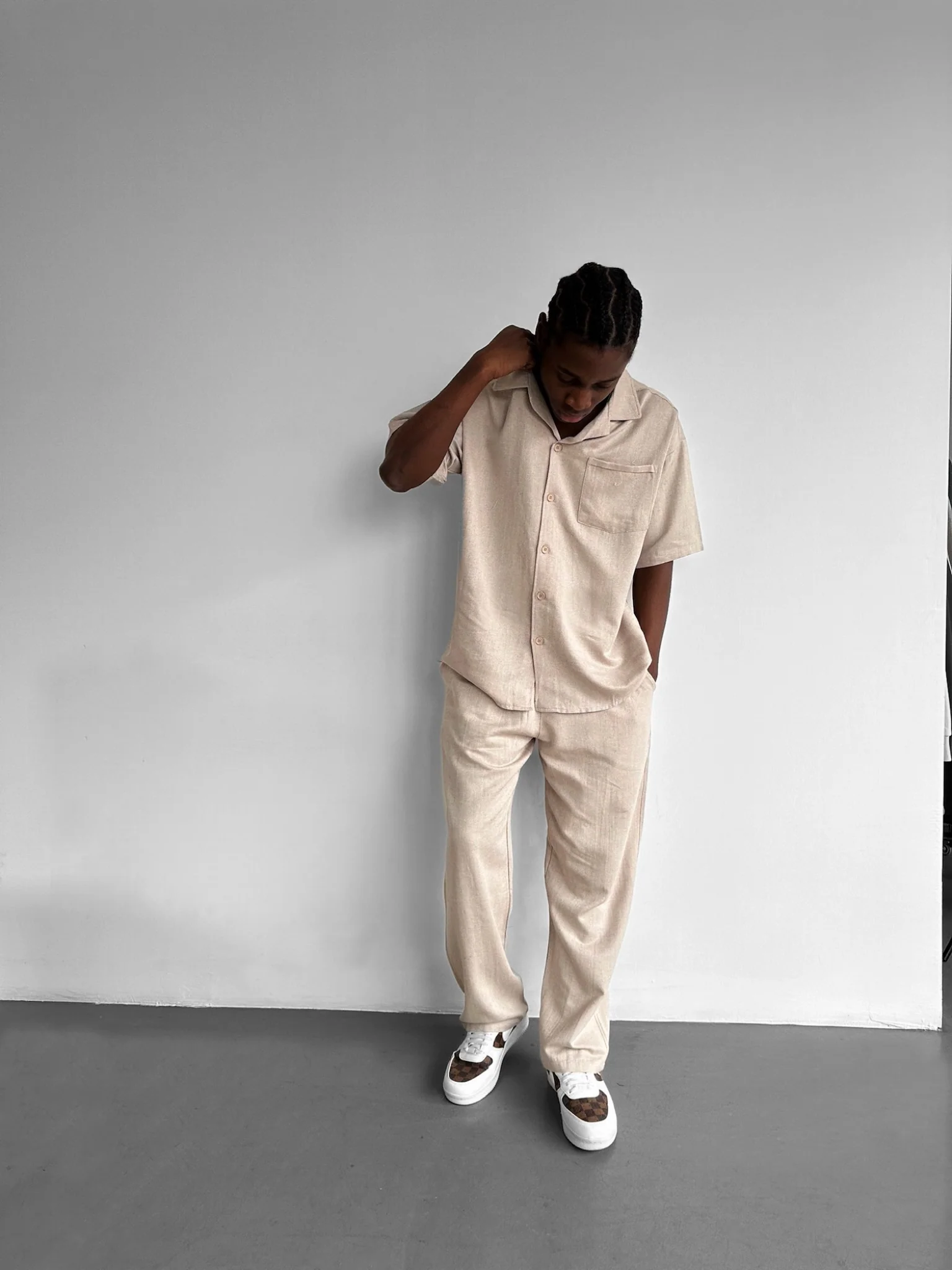Loose Fit Linen Look Trousers - Stone - Image 2