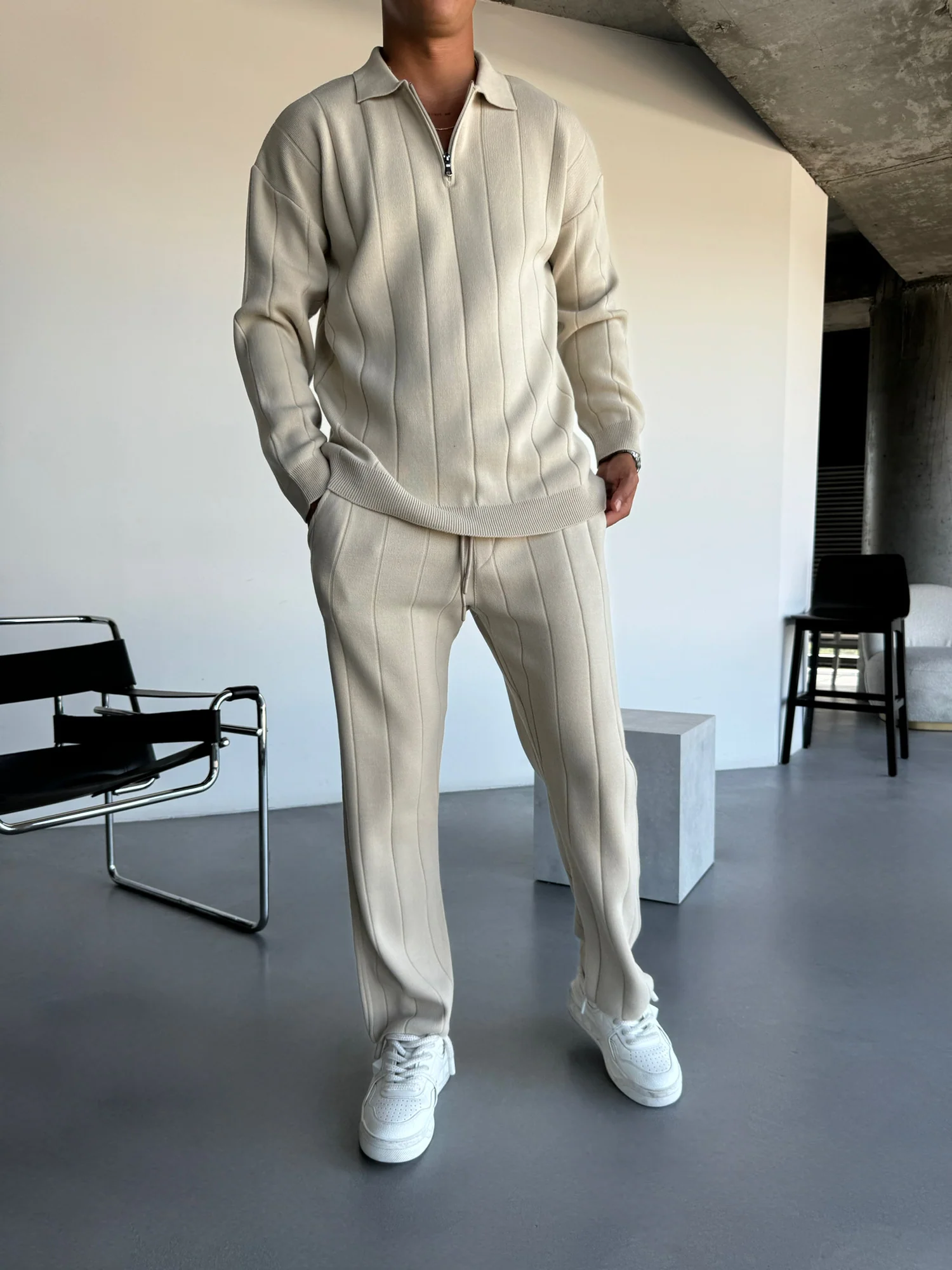 Loose Fit Lines Knit Pants - Stone - Image 2