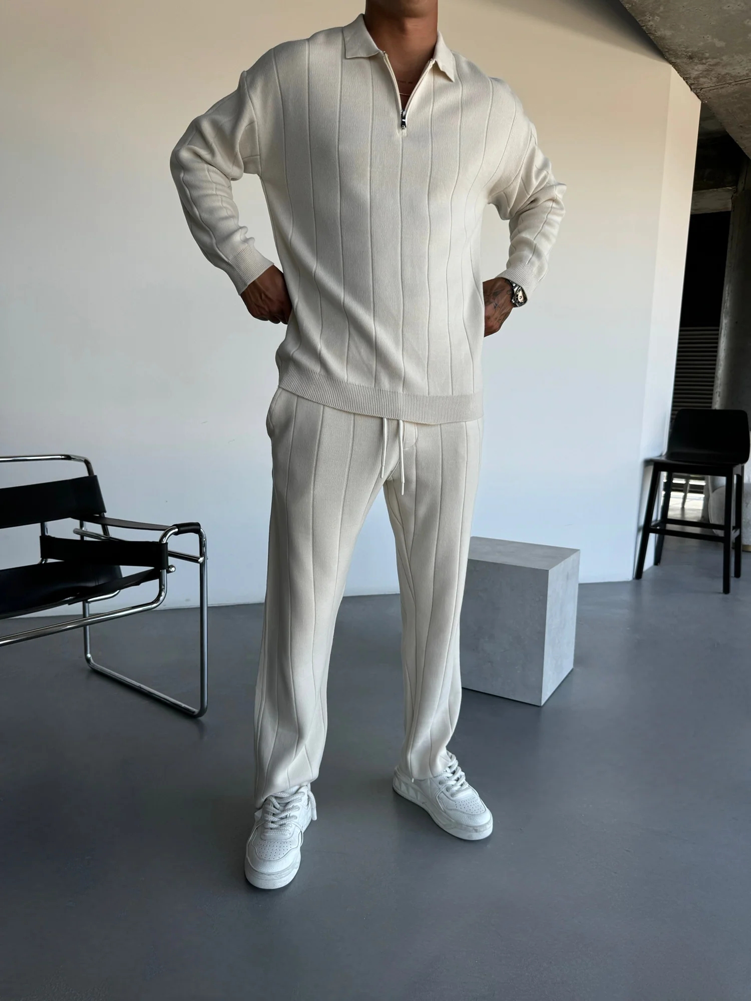 Loose Fit Lines Knit Pants - Stone - Image 5