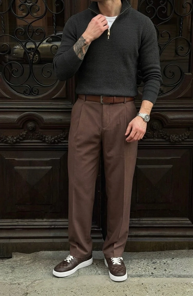 Loose Fit Pleated Trousers - Brown