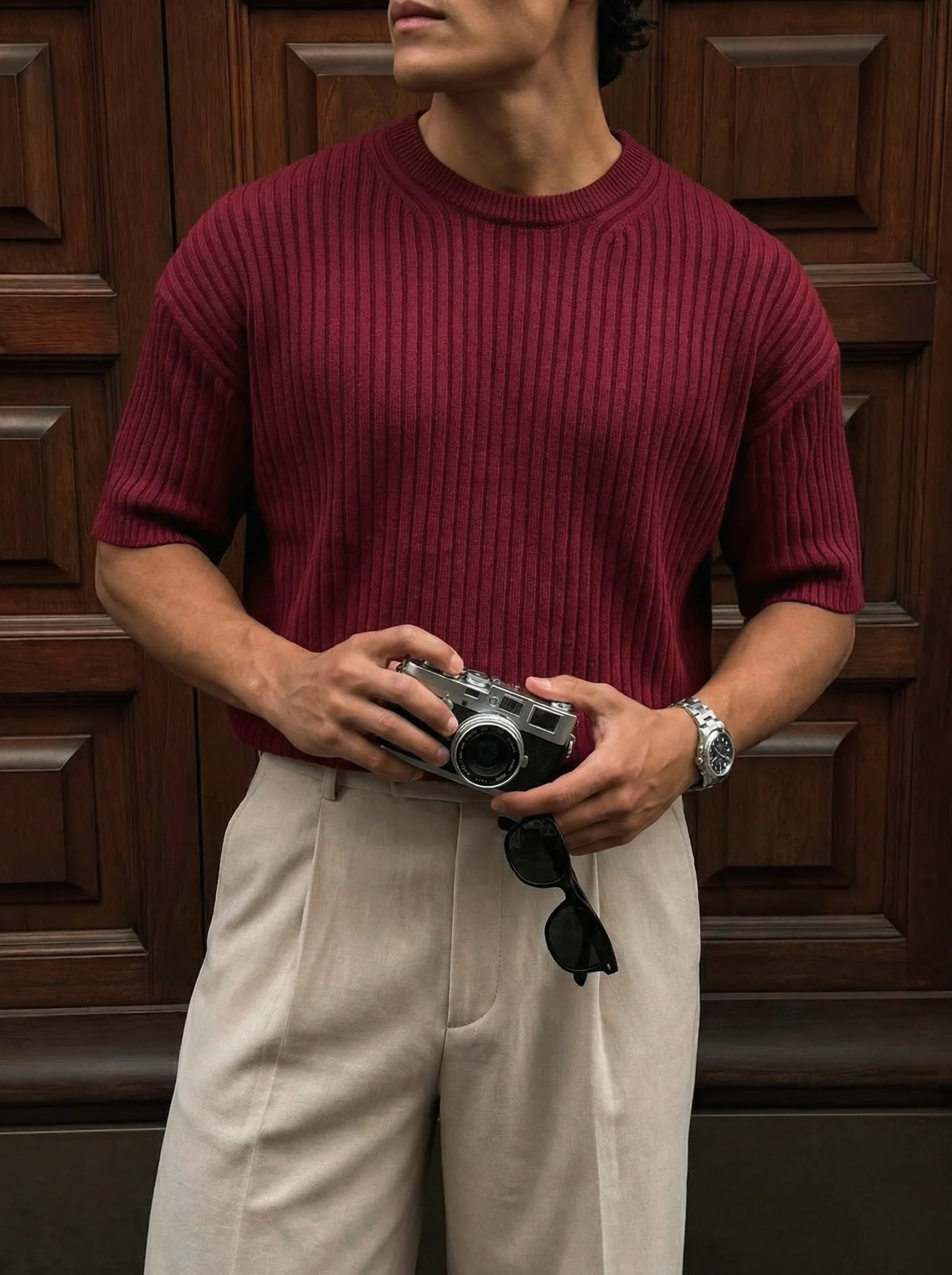 Loose Fit Ribbed Knit T-Shirt - Bordeaux