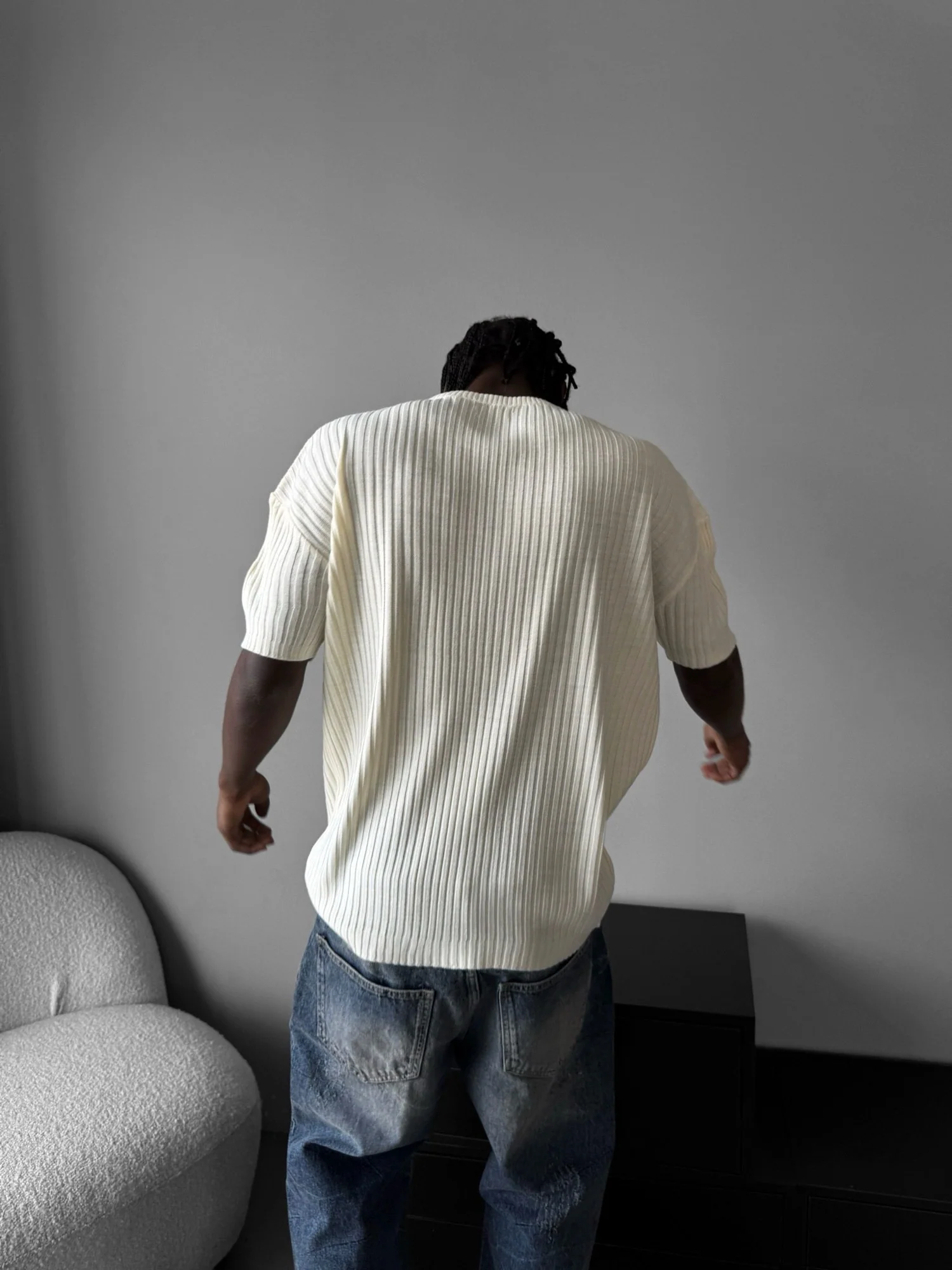 Loose Fit Ribbed Knit T-Shirt - Cremé - Image 7