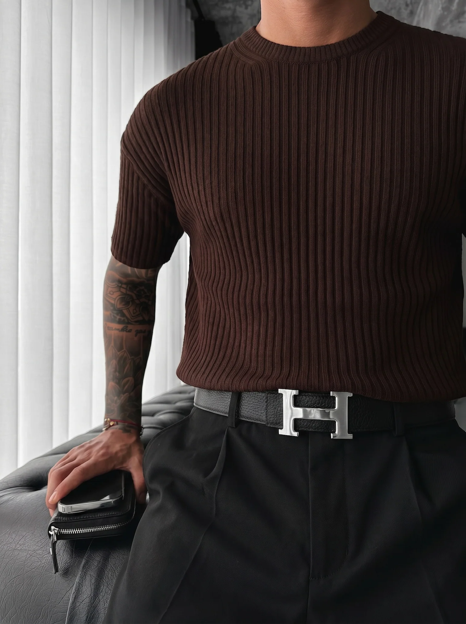 Loose Fit Ribbed Knit T-Shirt - Dark Brown