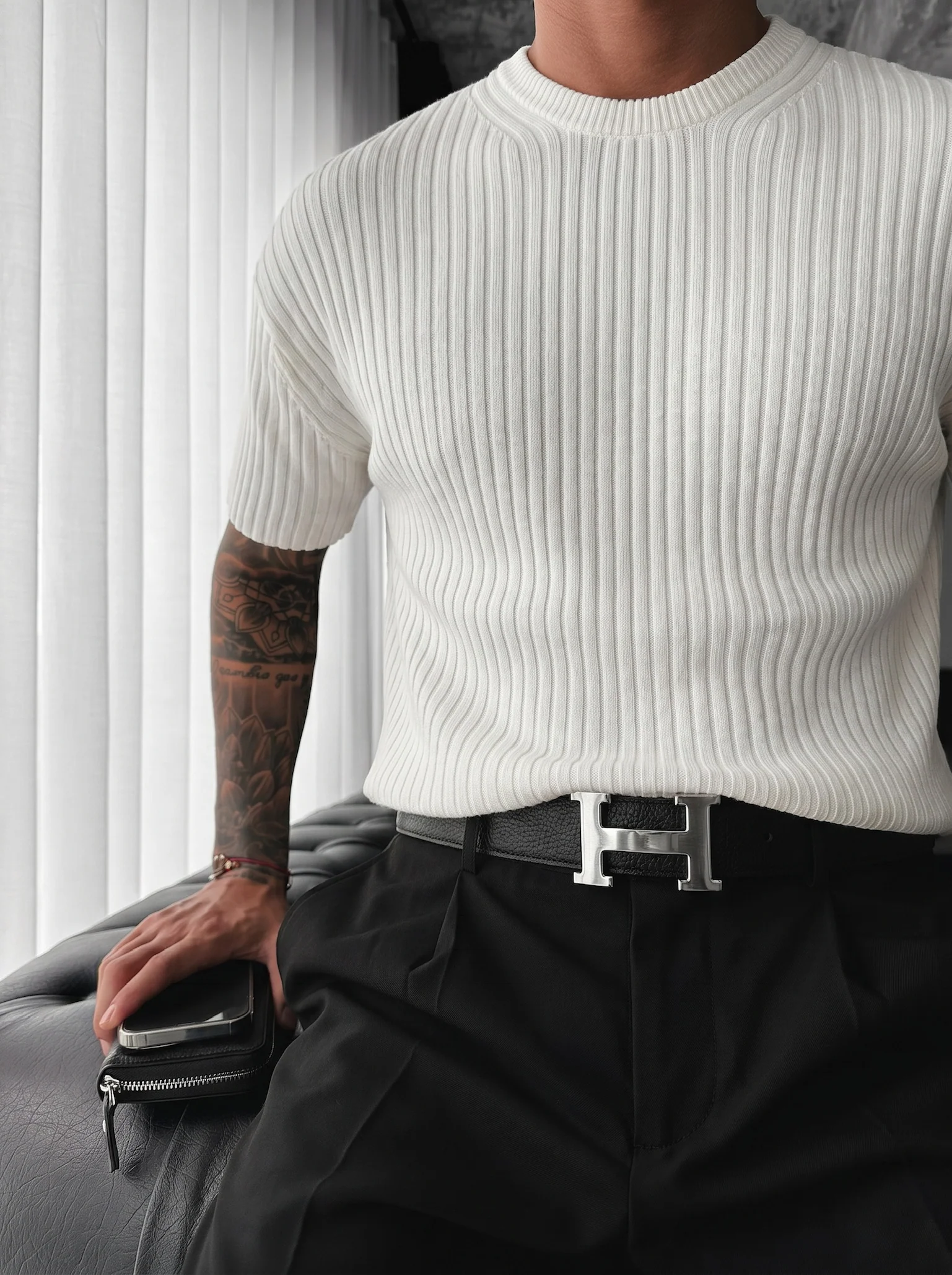 Loose Fit Ribbed Knit T-Shirt - Ecru