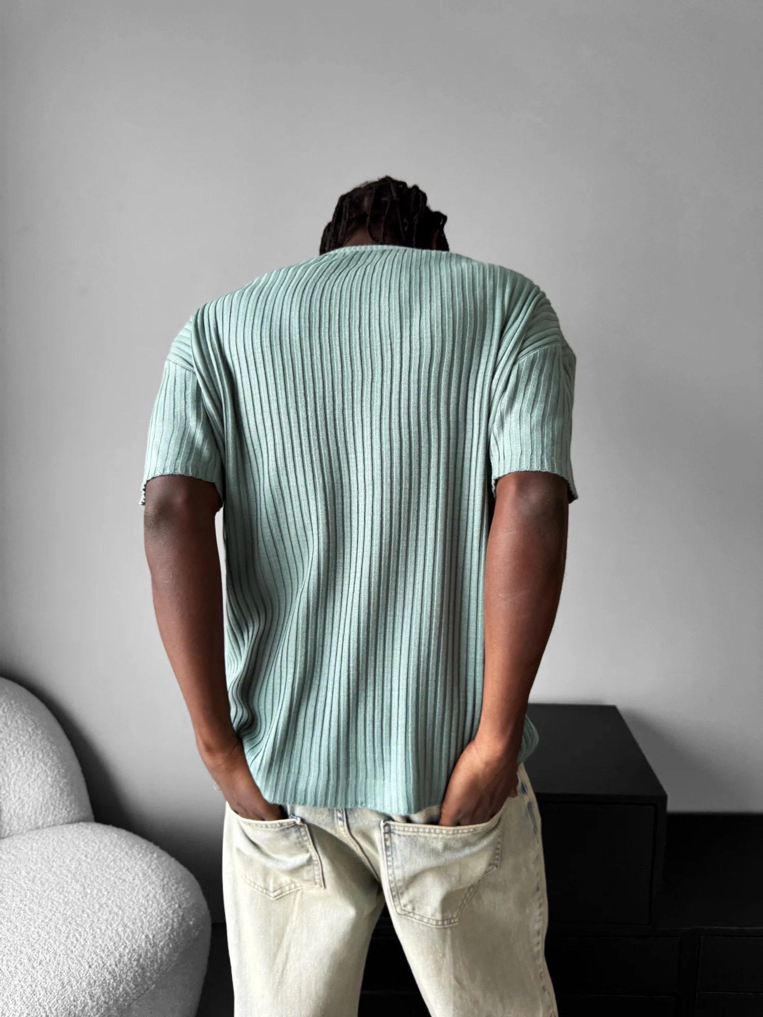 Loose Fit Ribbed Knit T-Shirt - Mint - Image 3
