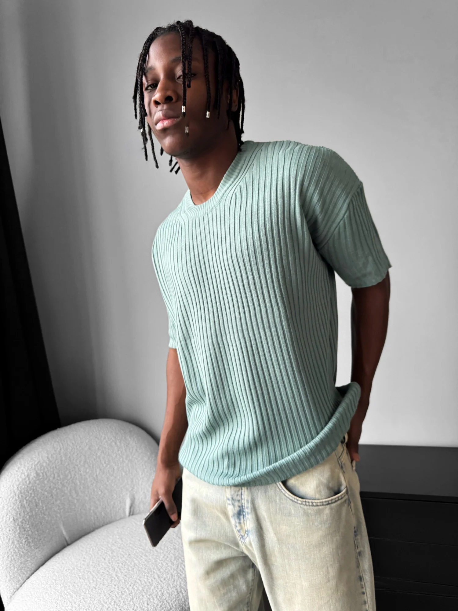 Loose Fit Ribbed Knit T-Shirt - Mint - Image 5