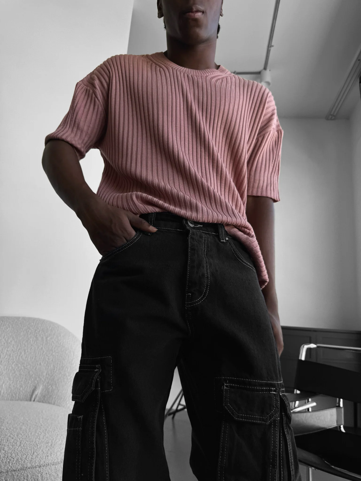 Loose Fit Ribbed Knit T-Shirt - Pouder