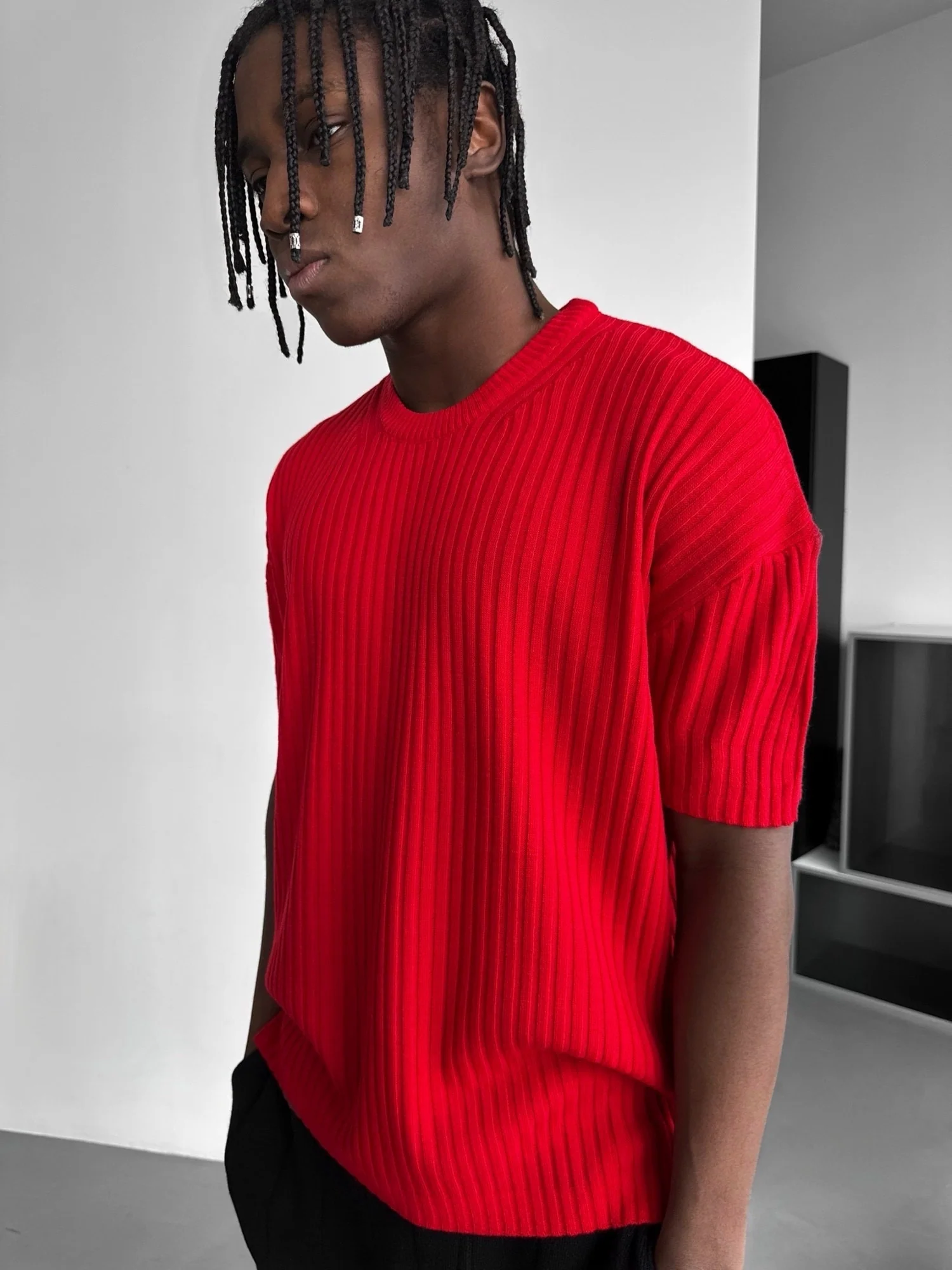 Loose Fit Ribbed Knit T-Shirt - Red - Image 4