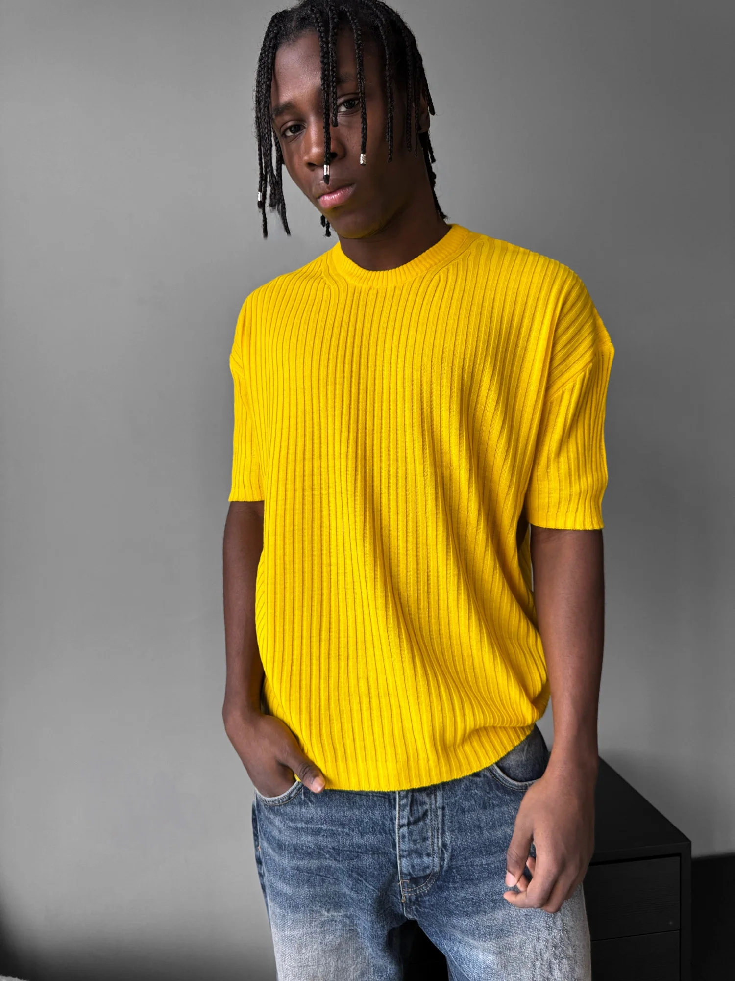Loose Fit Ribbed Knit T-Shirt - Yellow - Image 2
