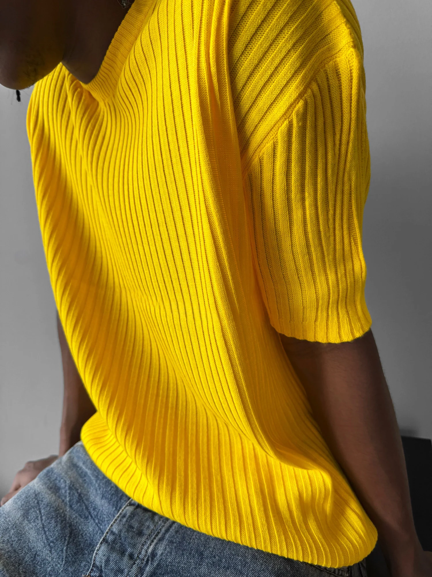 Loose Fit Ribbed Knit T-Shirt - Yellow - Image 5