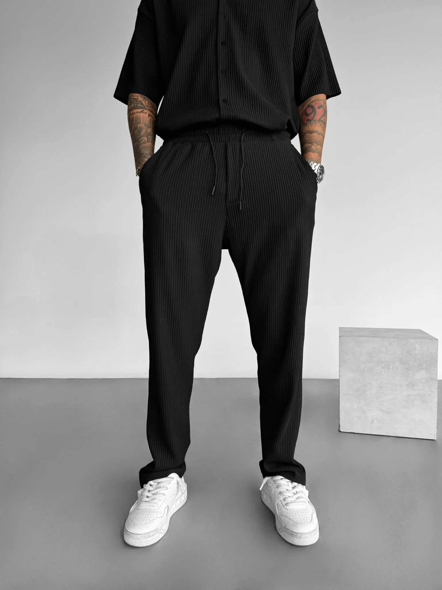 Loose Fit Ribbed Trousers - Black - Image 5