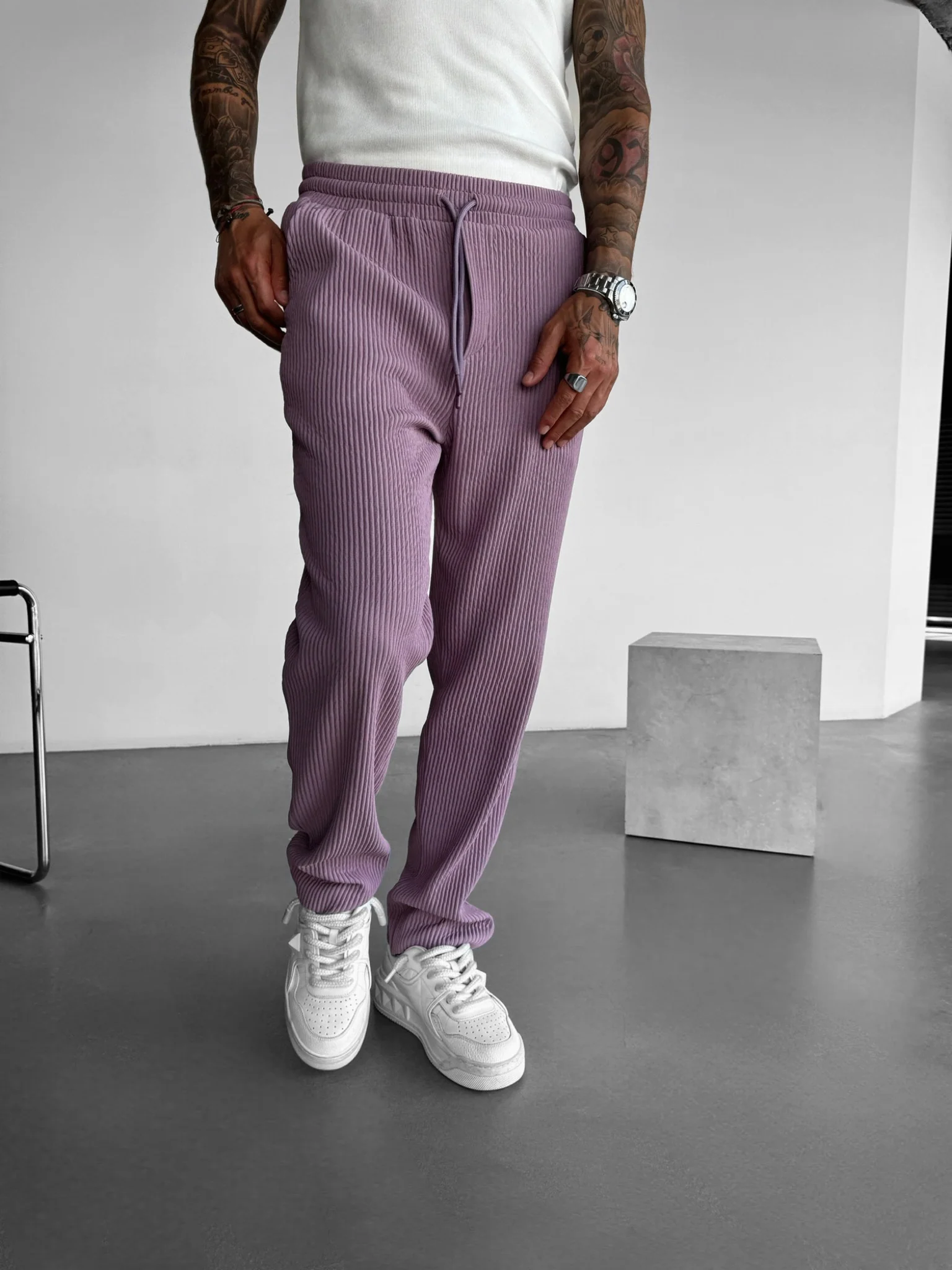 Loose Fit Ribbed Trousers - Elderberry