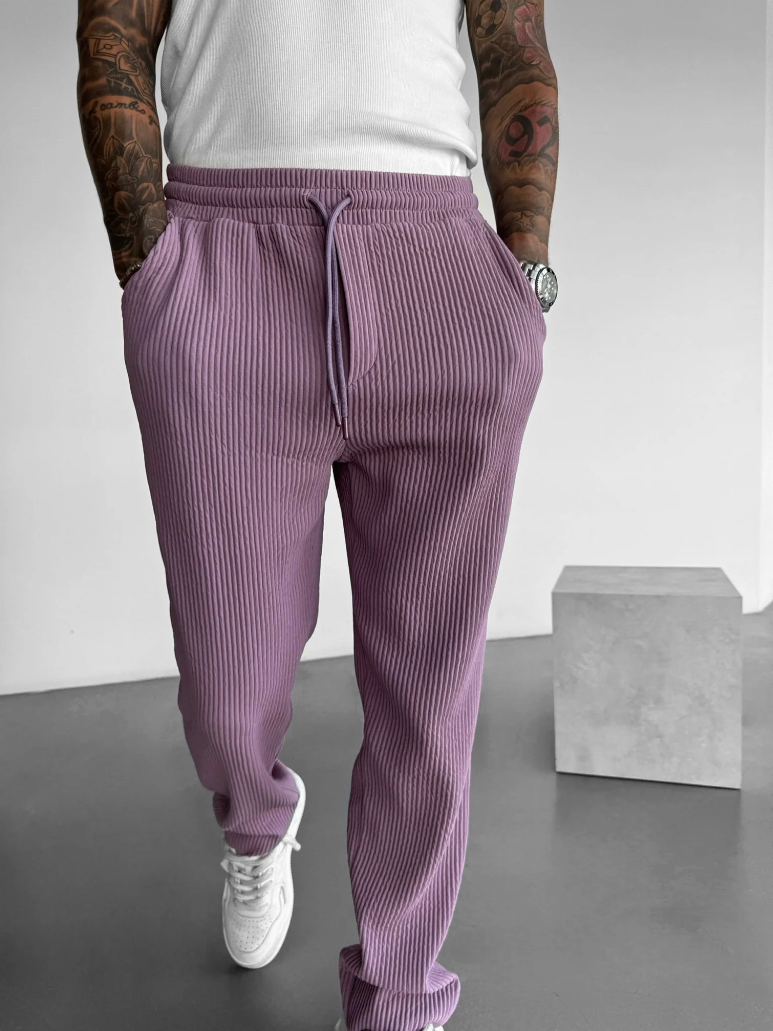 Loose Fit Ribbed Trousers - Elderberry - Image 4