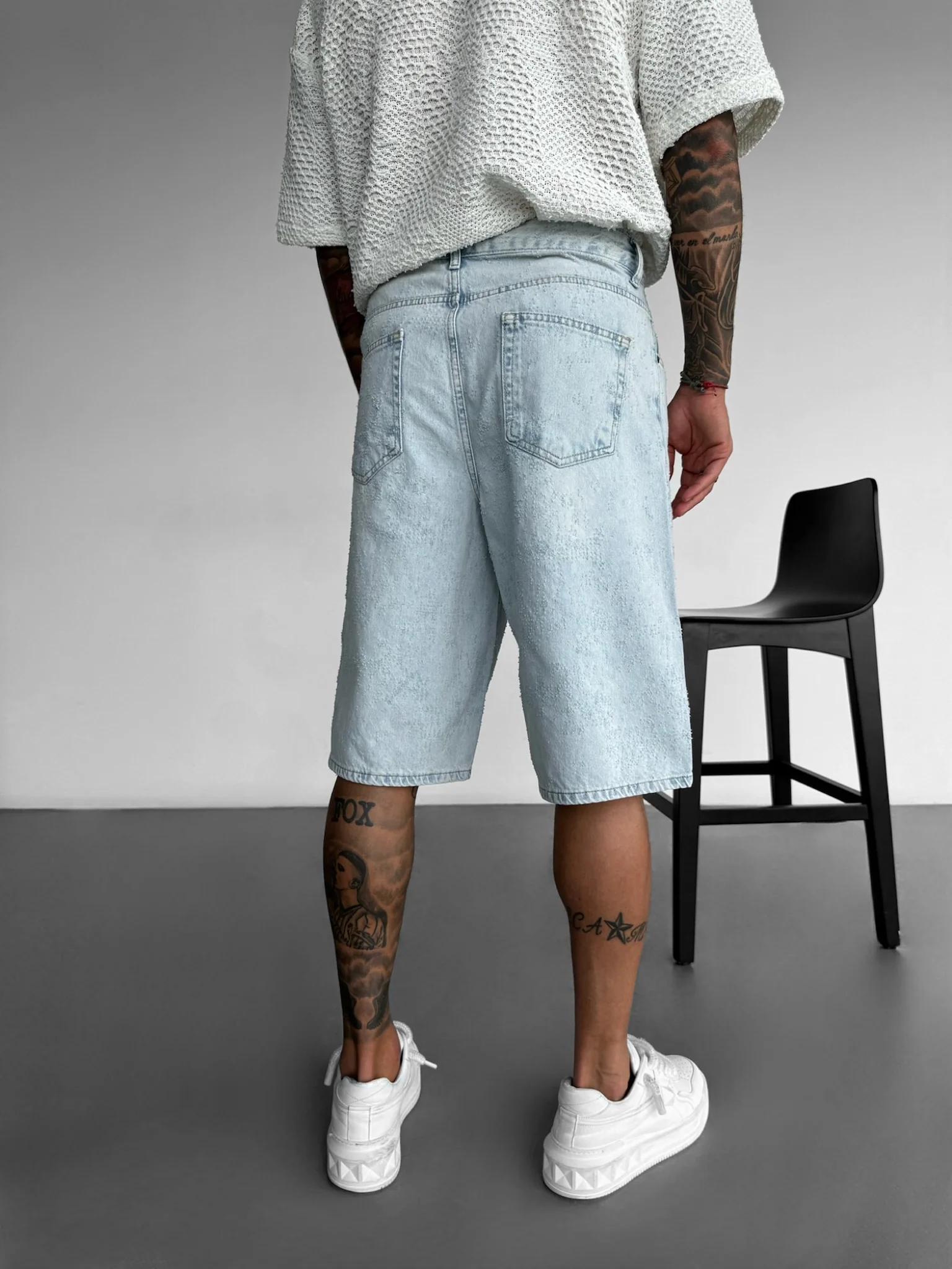 Loose Fit Scrubbed Out Jeans Shorts - Light Blue - Image 3