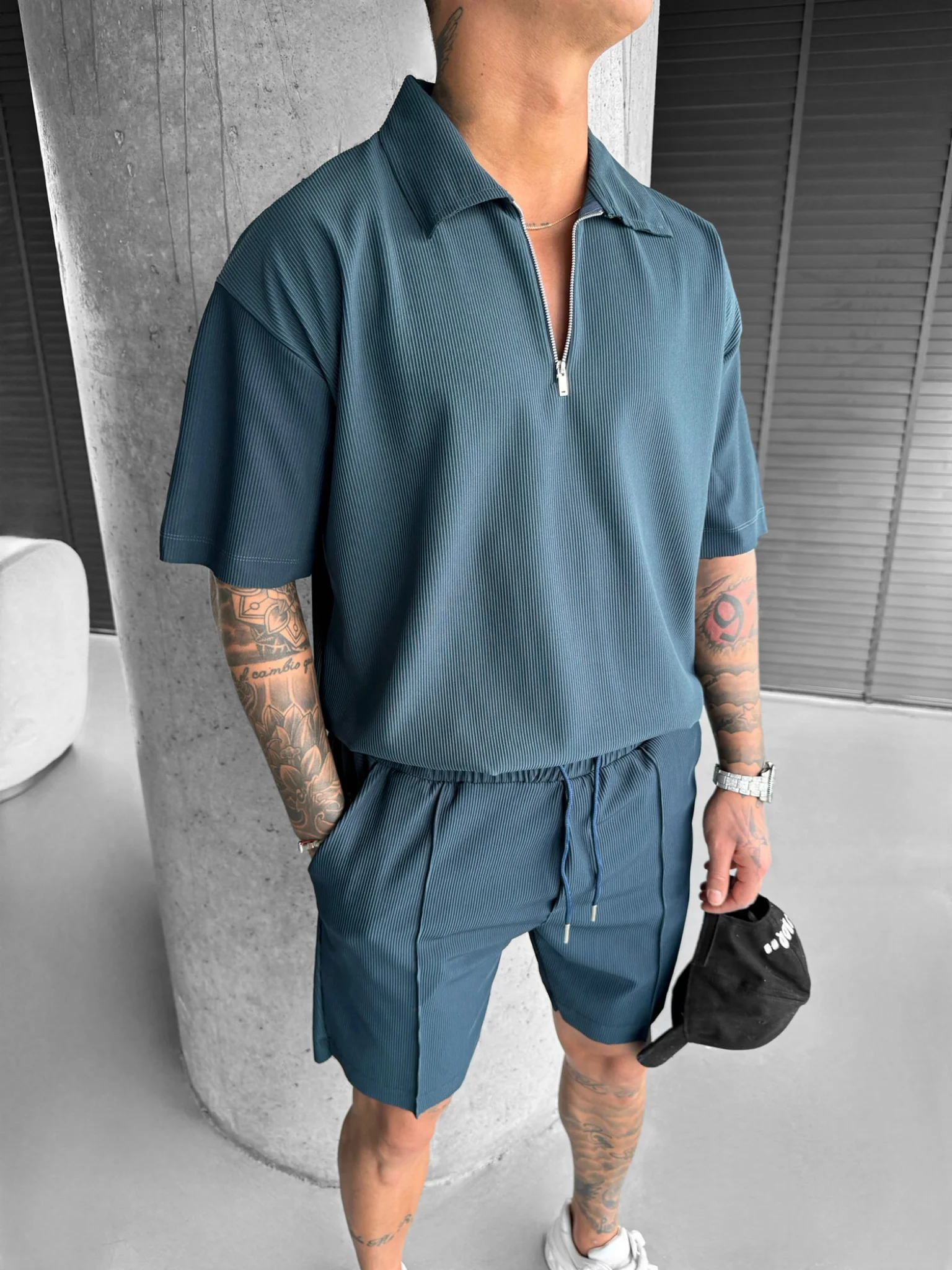 Loose Fit Seam Knit Shorts - Petrol - Image 4