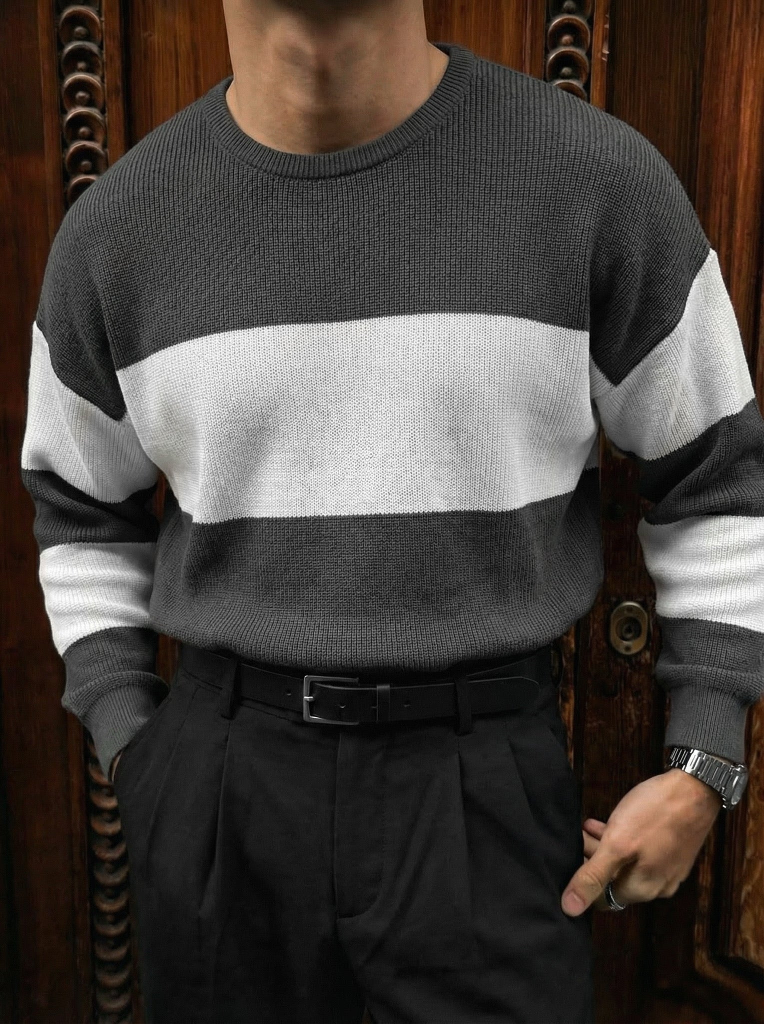 Loose Fit Strip Knit Sweater - Anthracite