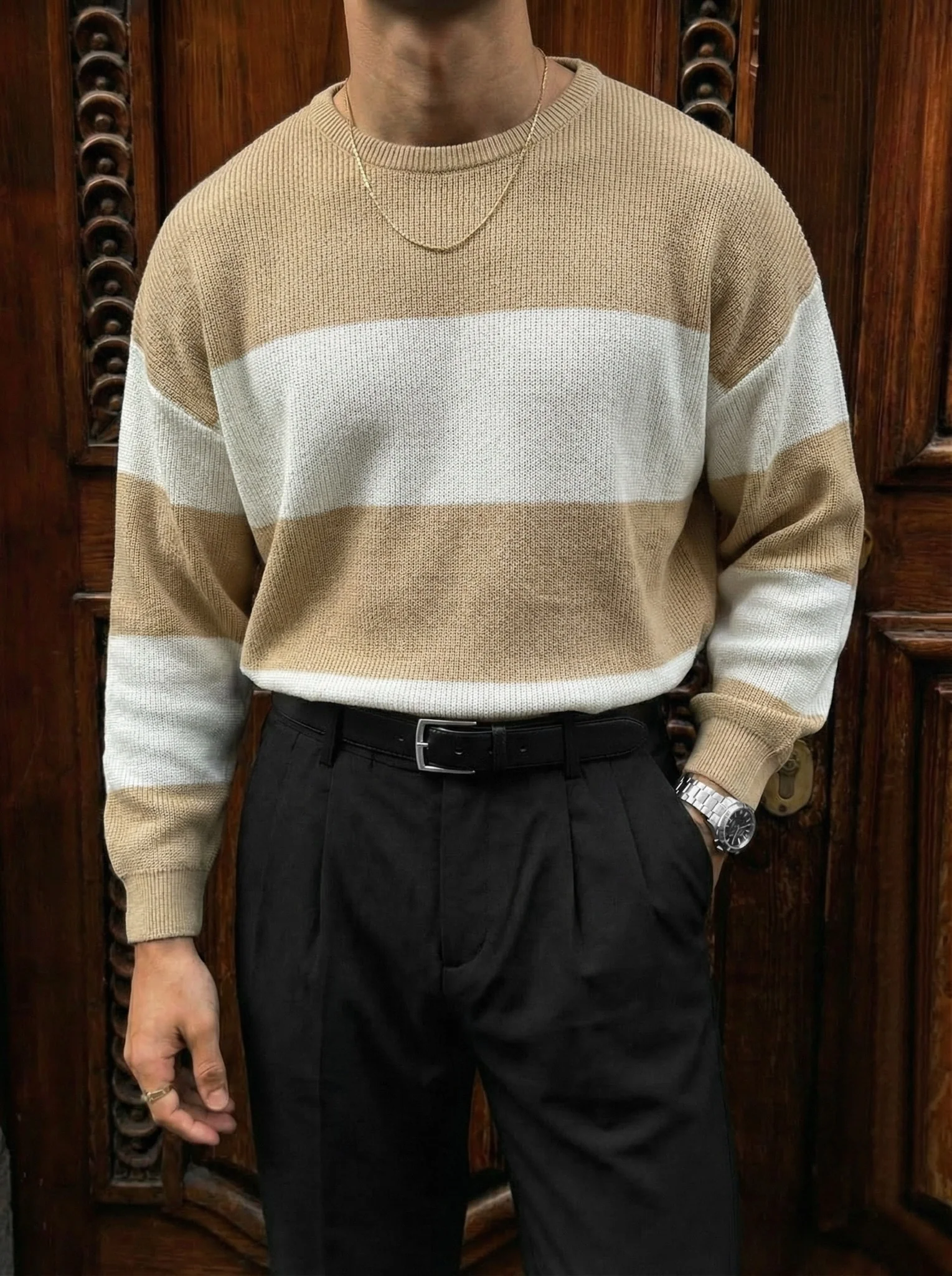 Loose Fit Strip Knit Sweater - Camel