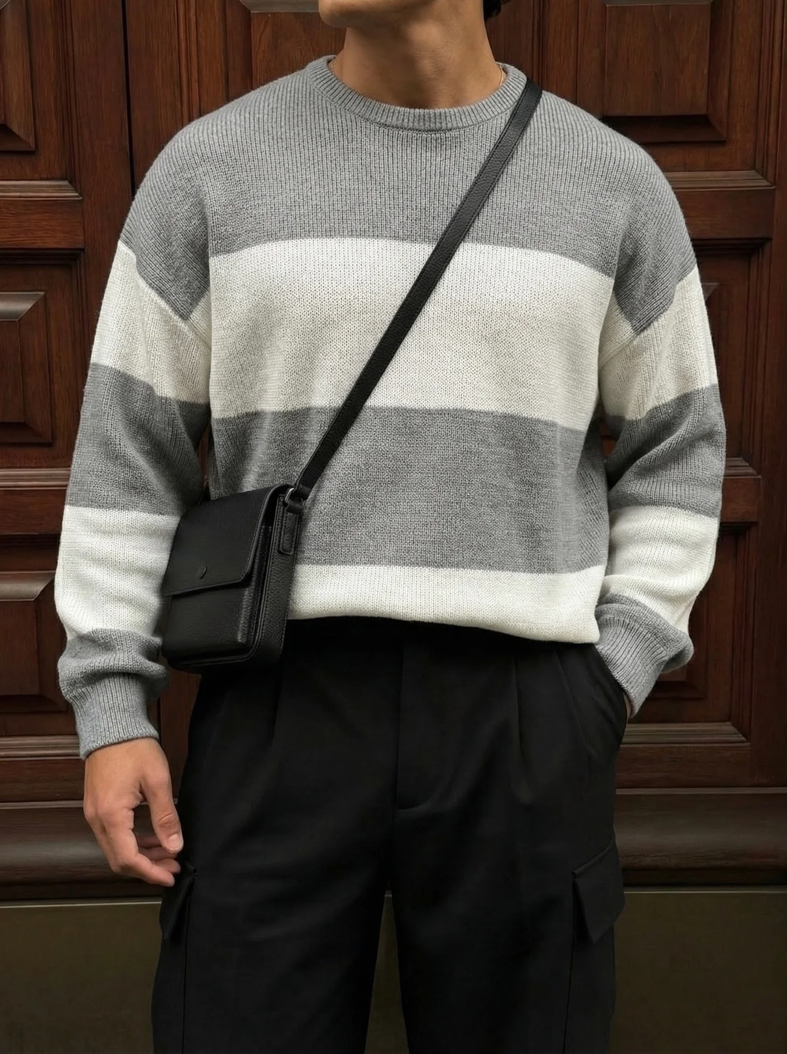 Loose Fit Strip Knit Sweater - Grey