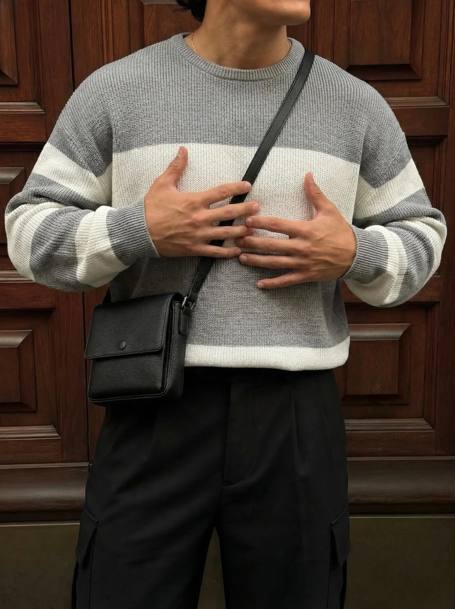 Loose Fit Strip Knit Sweater - Grey - Image 2