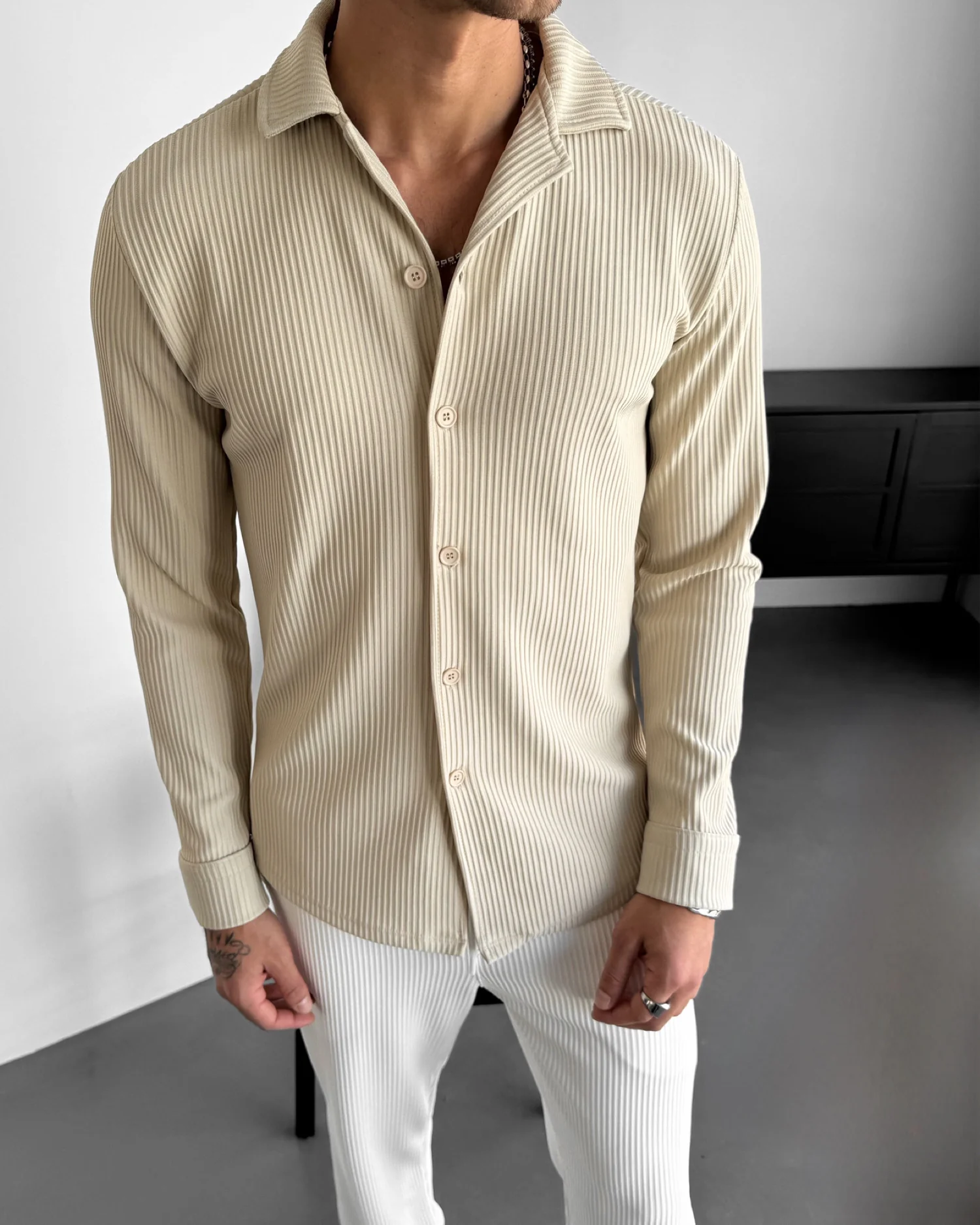 Loose Fit Striped Shirt - Beige