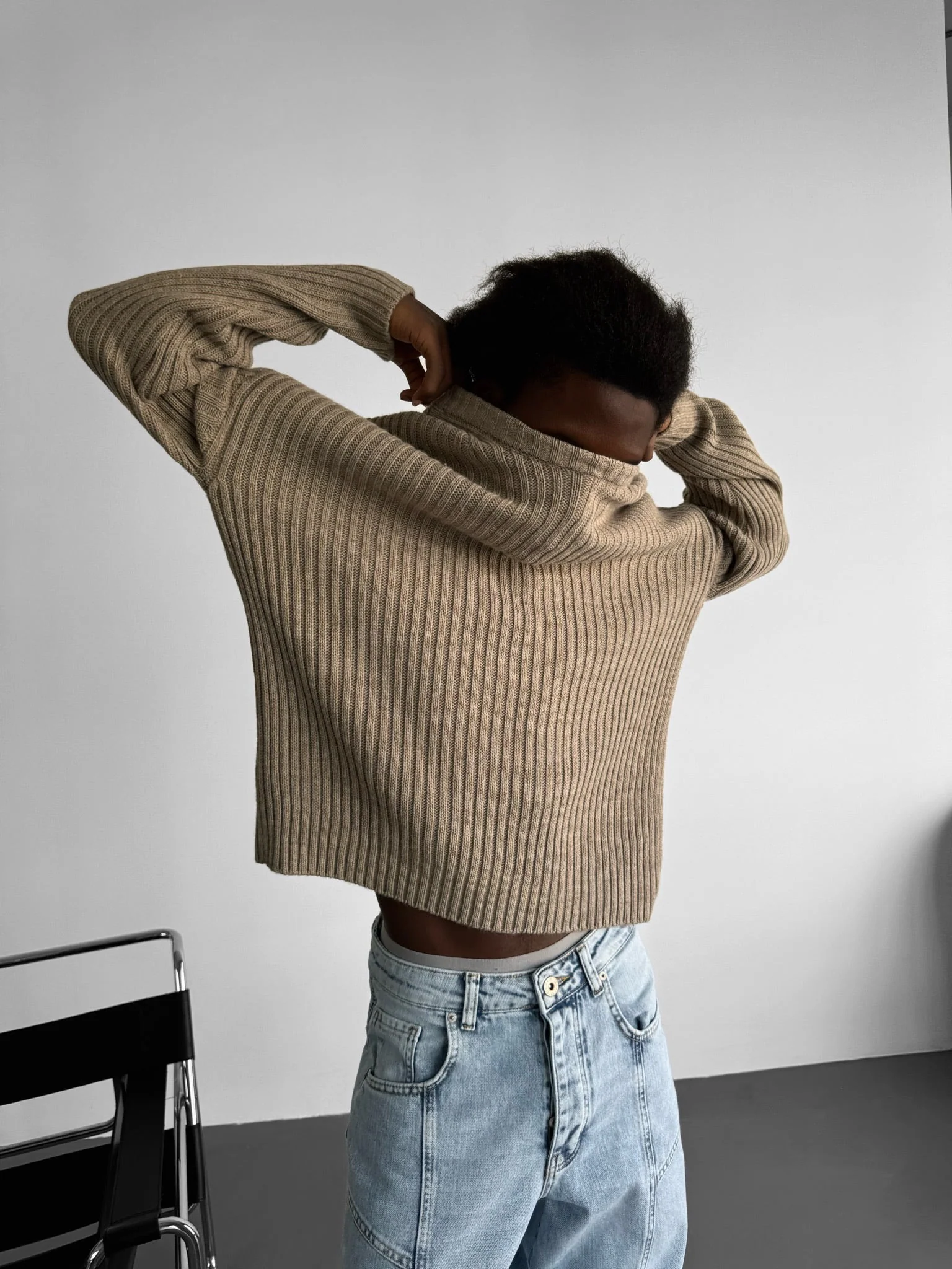 Loose Fit Striped Structure Pullover - Beige - Image 3