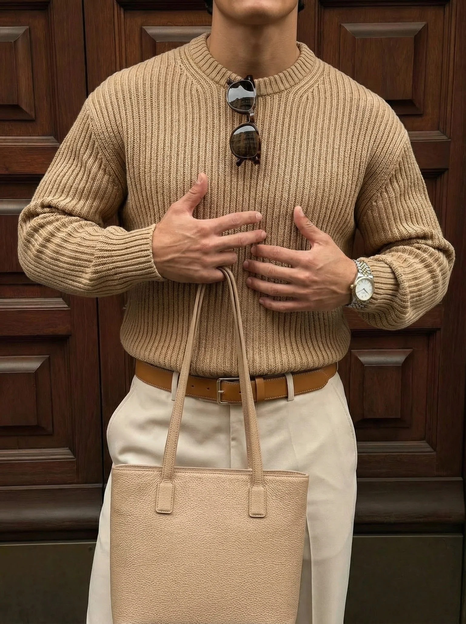 Loose Fit Striped Structure Pullover - Camel