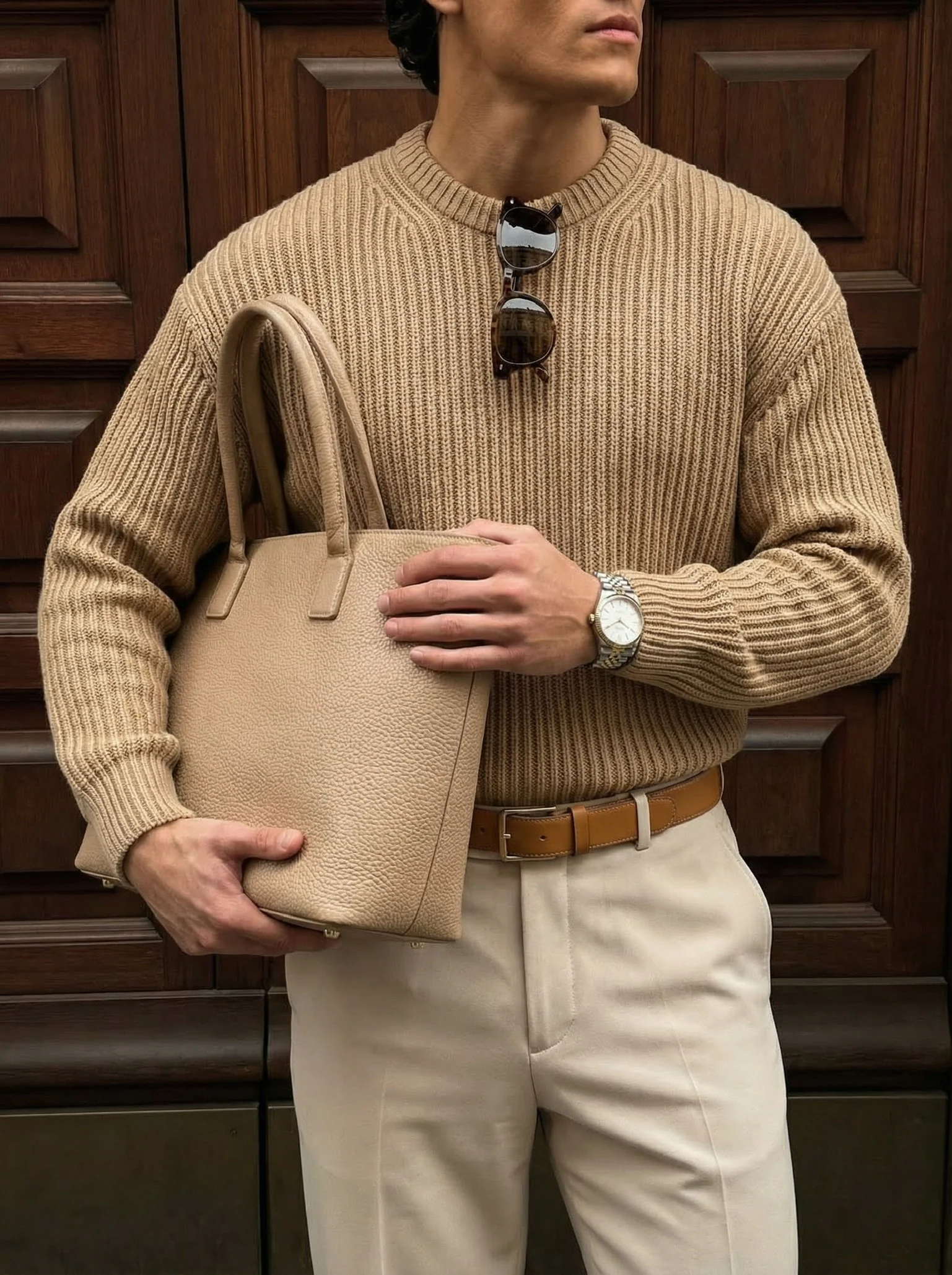 Loose Fit Striped Structure Pullover - Camel - Image 2