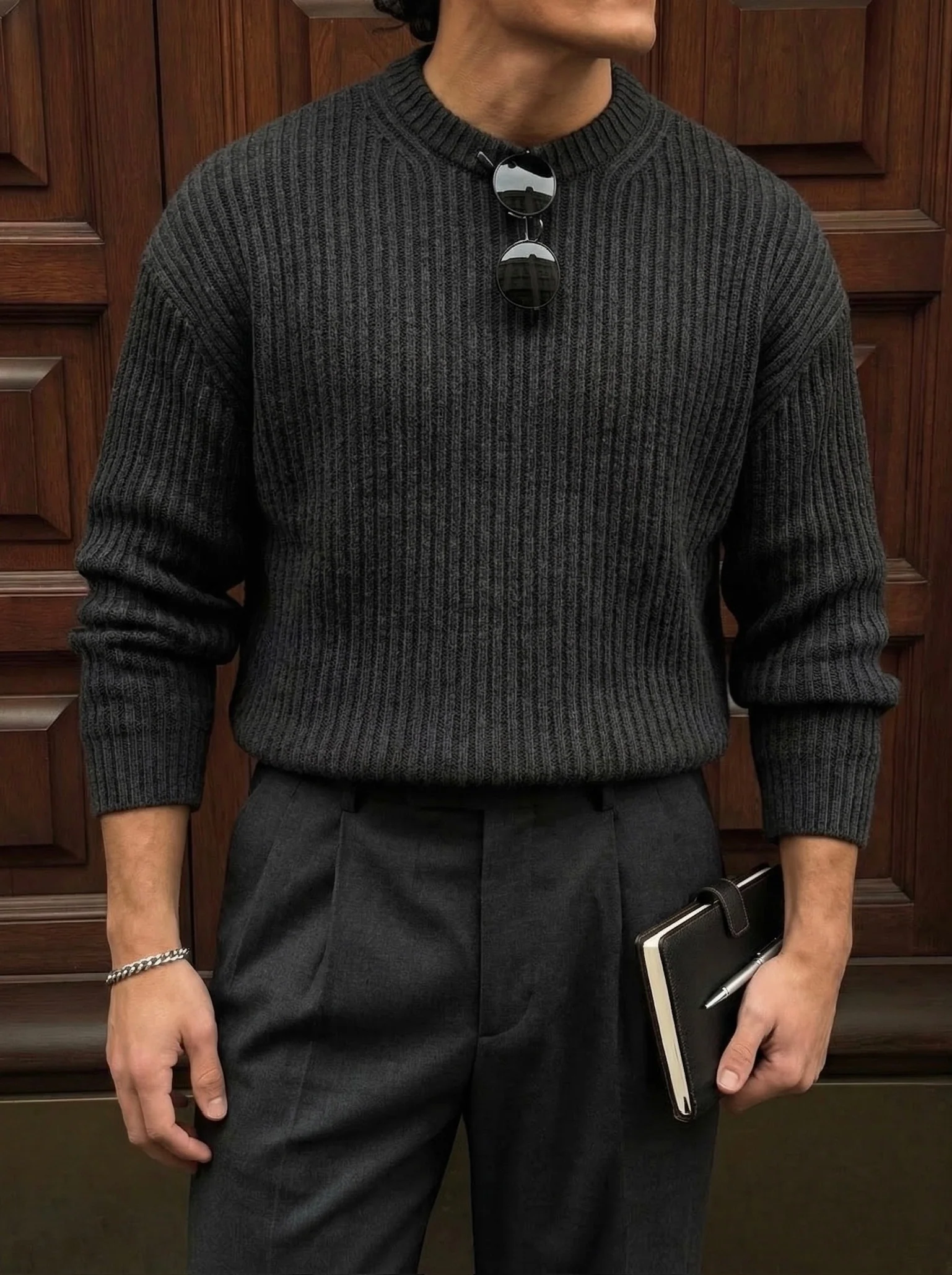 Loose Fit Striped Structure Pullover - Dark Grey