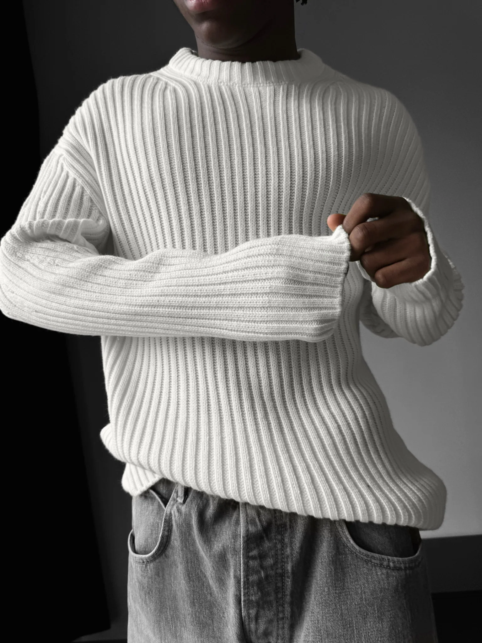 Loose Fit Striped Structure Pullover - Ecru - Image 2