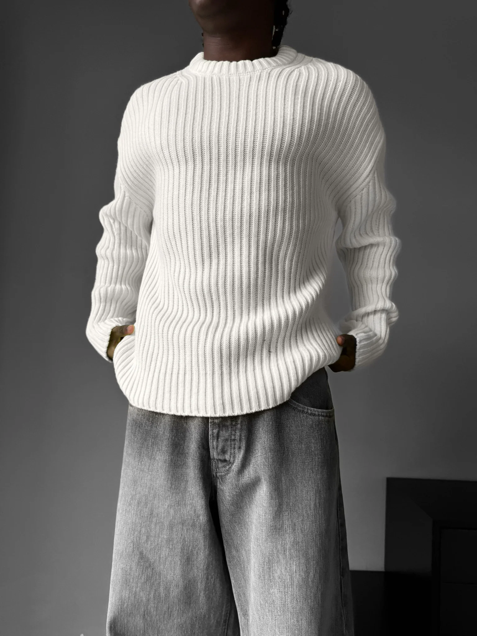 Loose Fit Striped Structure Pullover - Ecru - Image 4