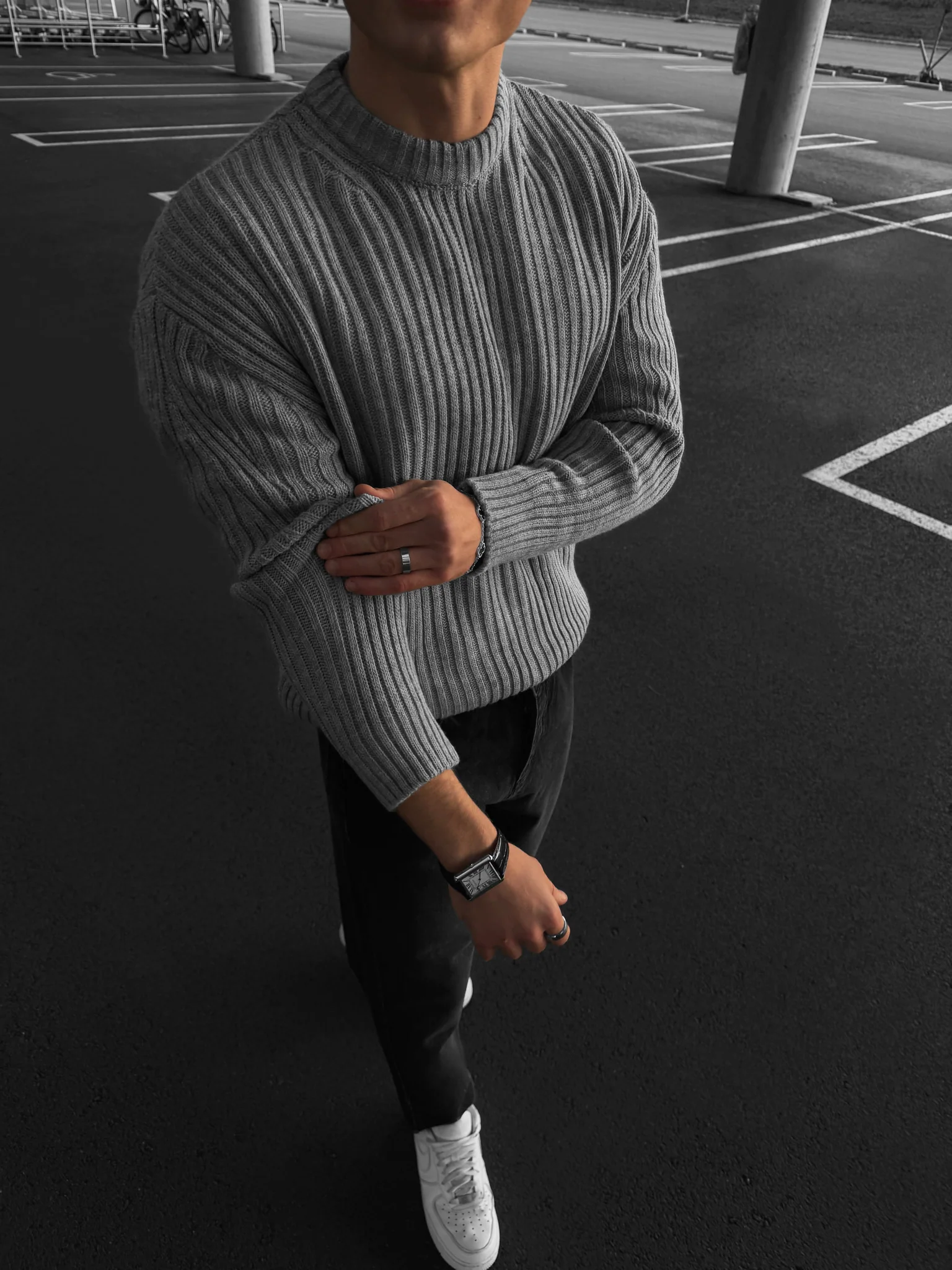 Loose Fit Striped Structure Pullover - Grey - Image 3