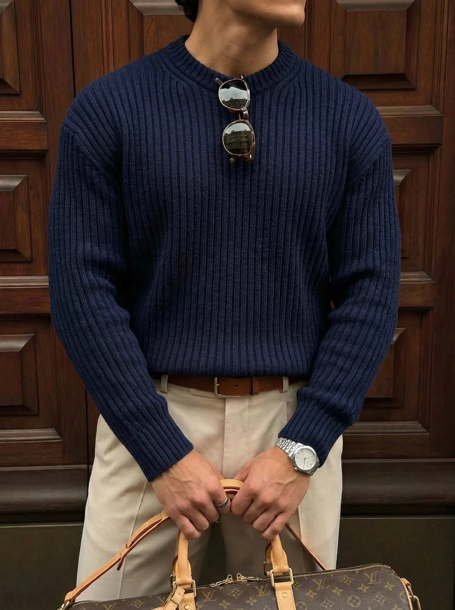 Loose Fit Striped Structure Pullover - Navy Blue - Image 2