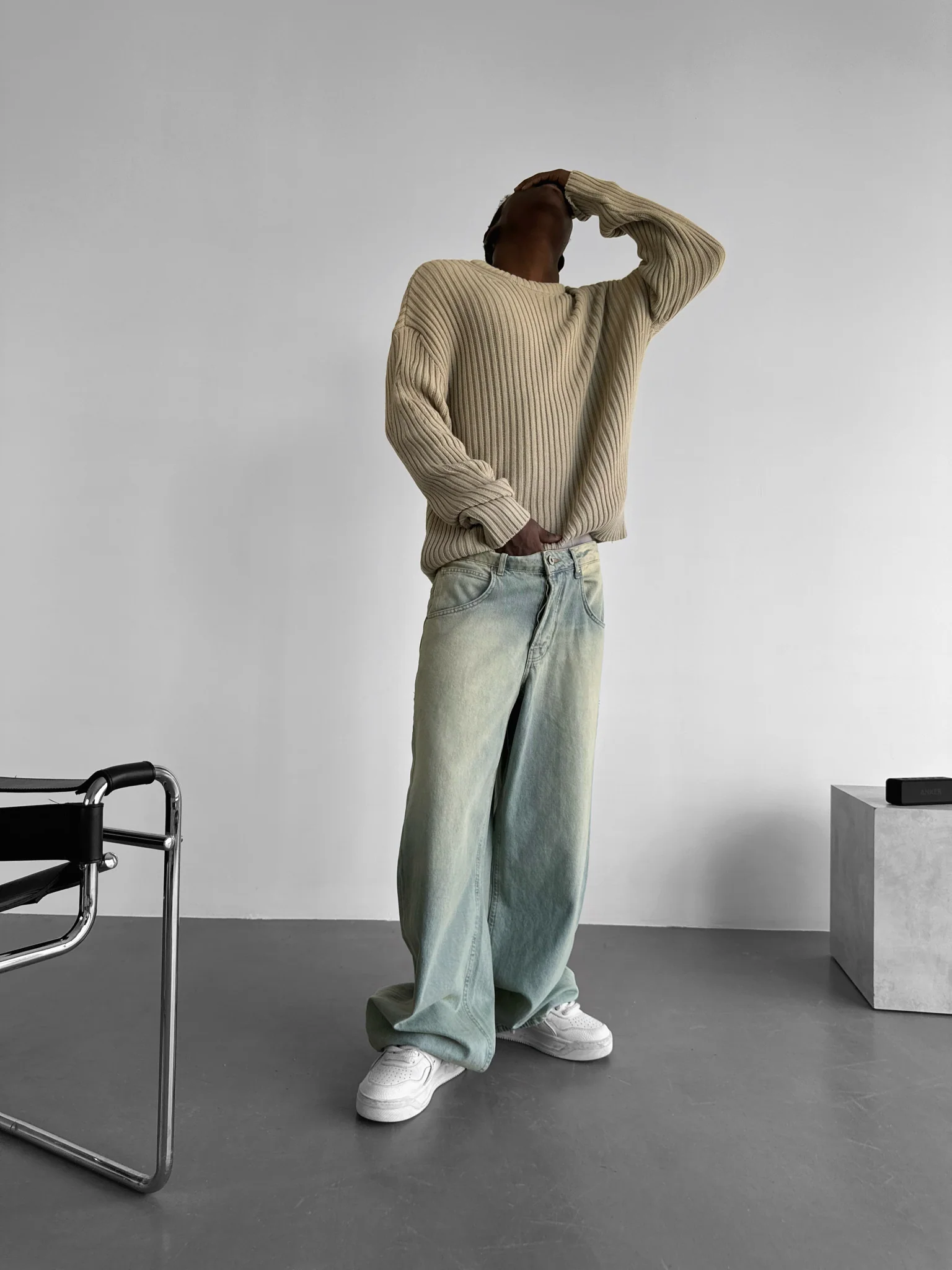 Loose Fit Striped Structure Pullover - Stone - Image 3