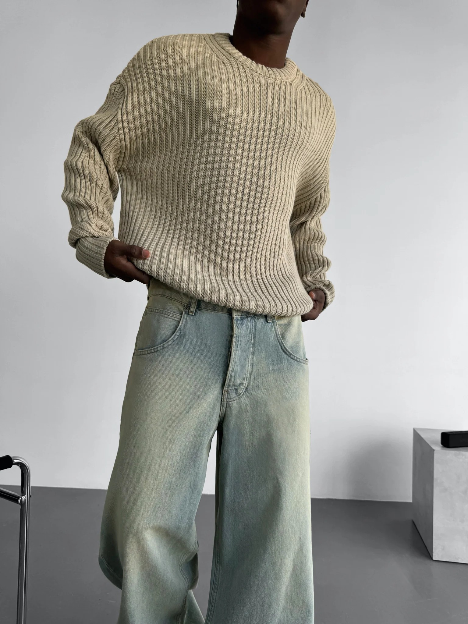 Loose Fit Striped Structure Pullover - Stone - Image 4
