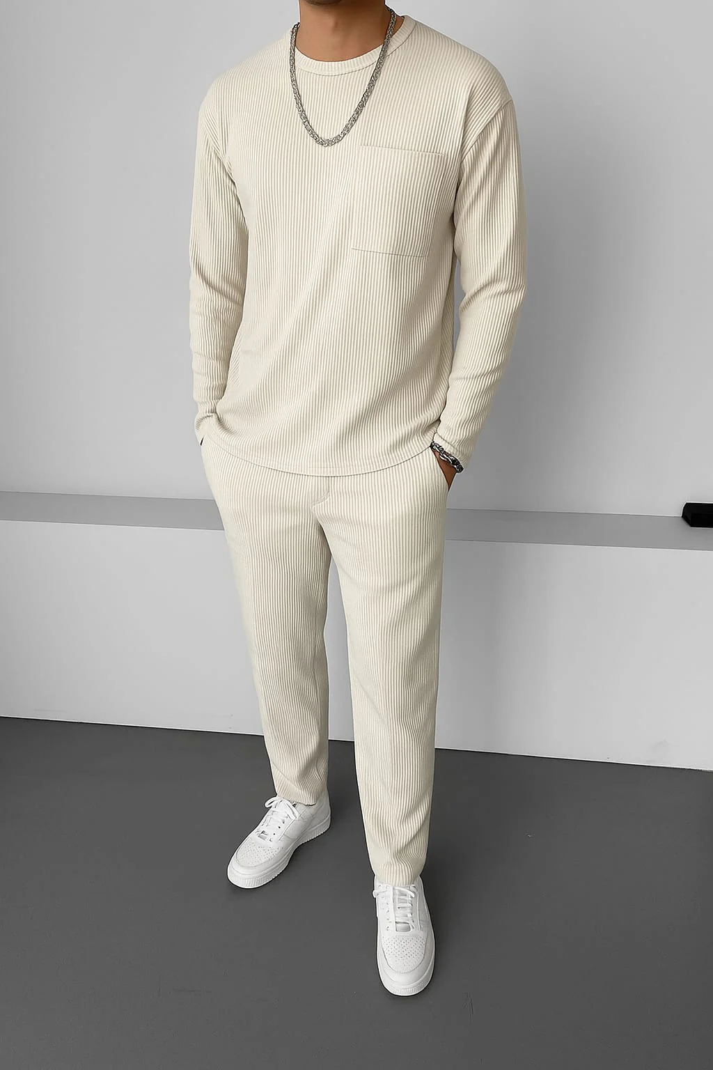 Loose Fit Striped Trousers - Beige