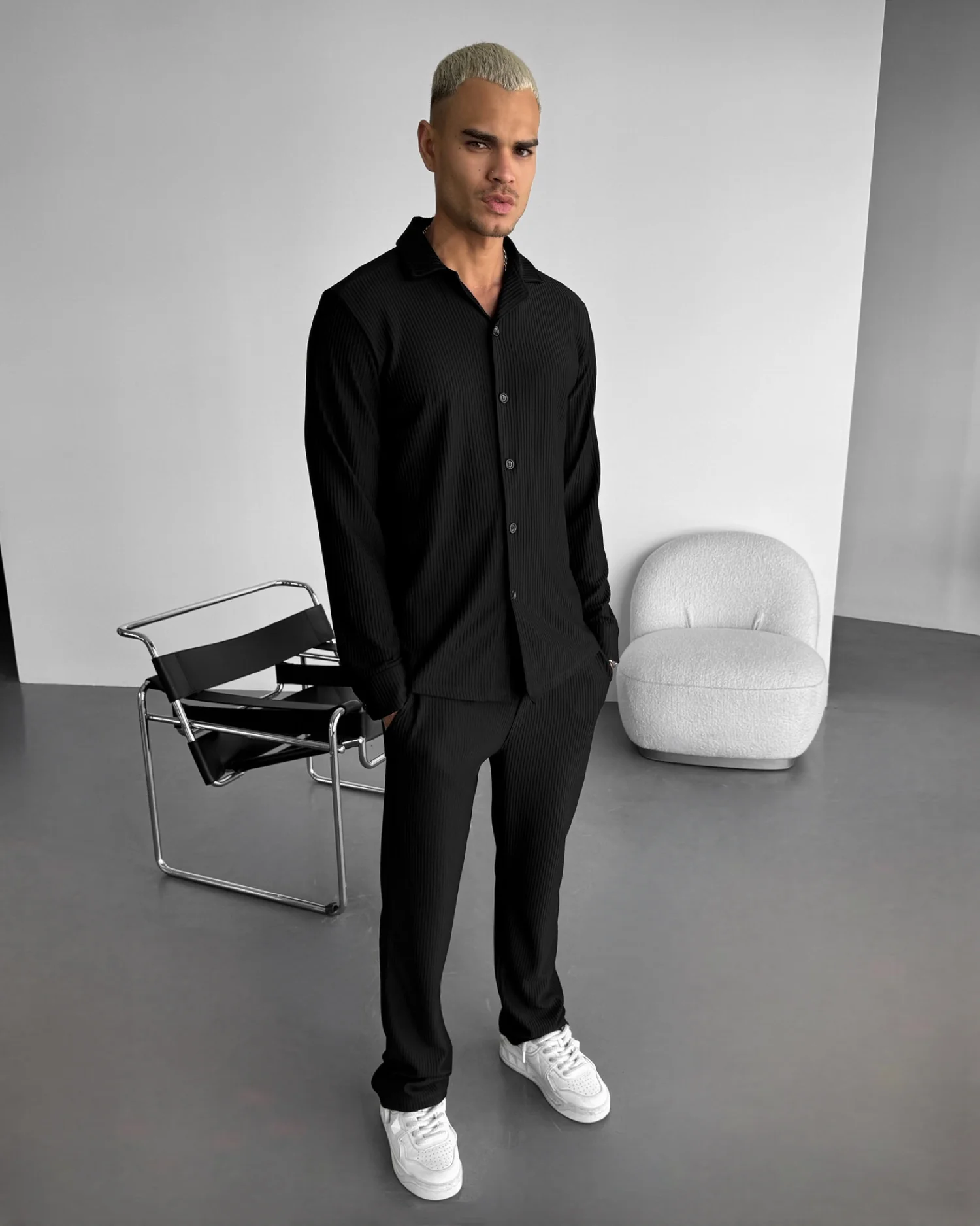 Loose Fit Striped Trousers - Black - Image 3