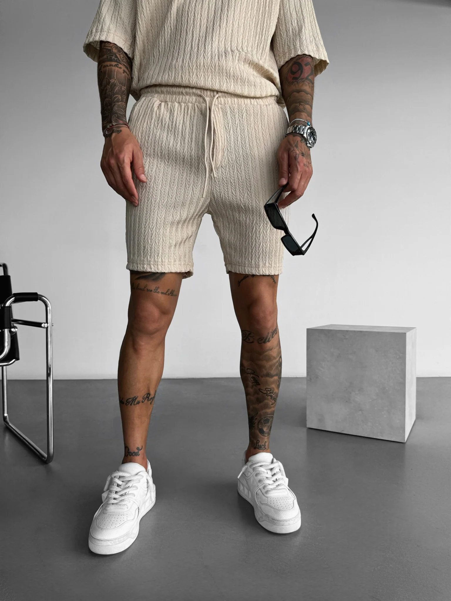 Loose Fit Structured Shorts - Beige - Image 3