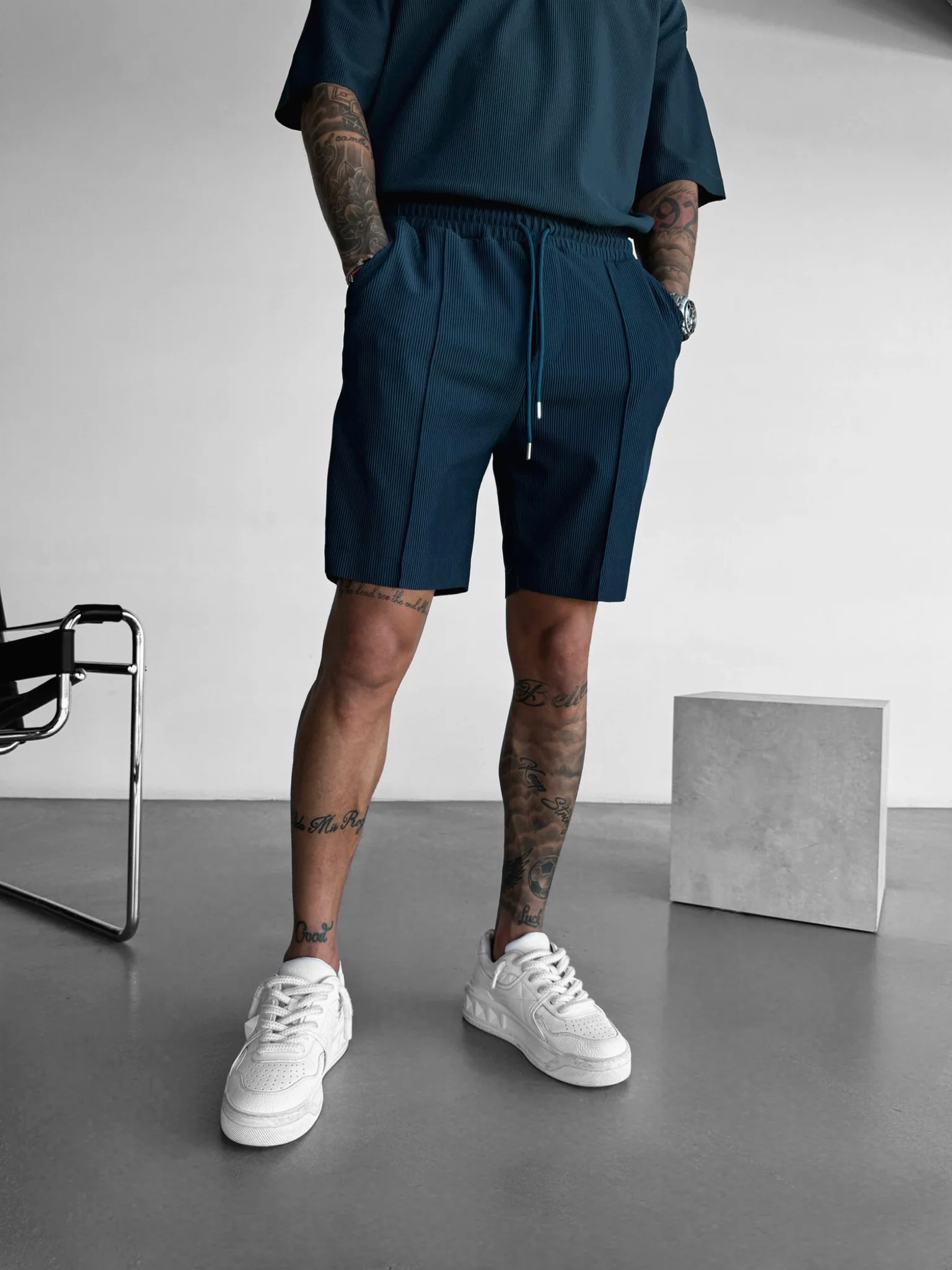 Loose Fit Textured Seam Shorts - Petrol - Image 4