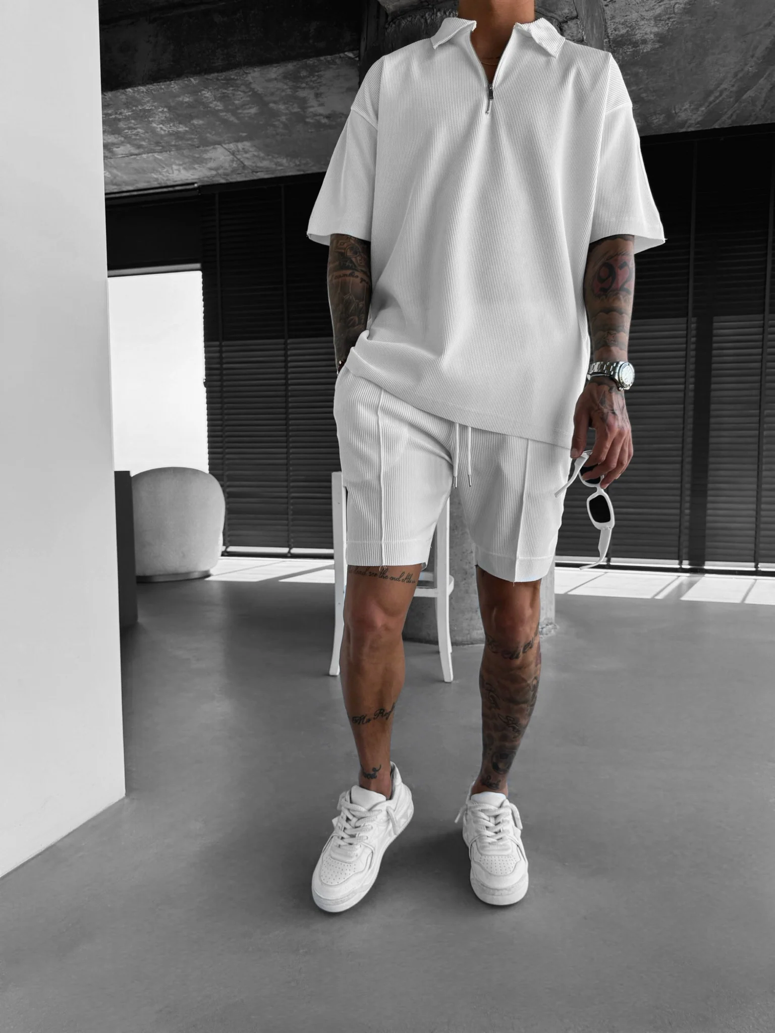 Loose Fit Textured Seam Shorts - White - Image 3