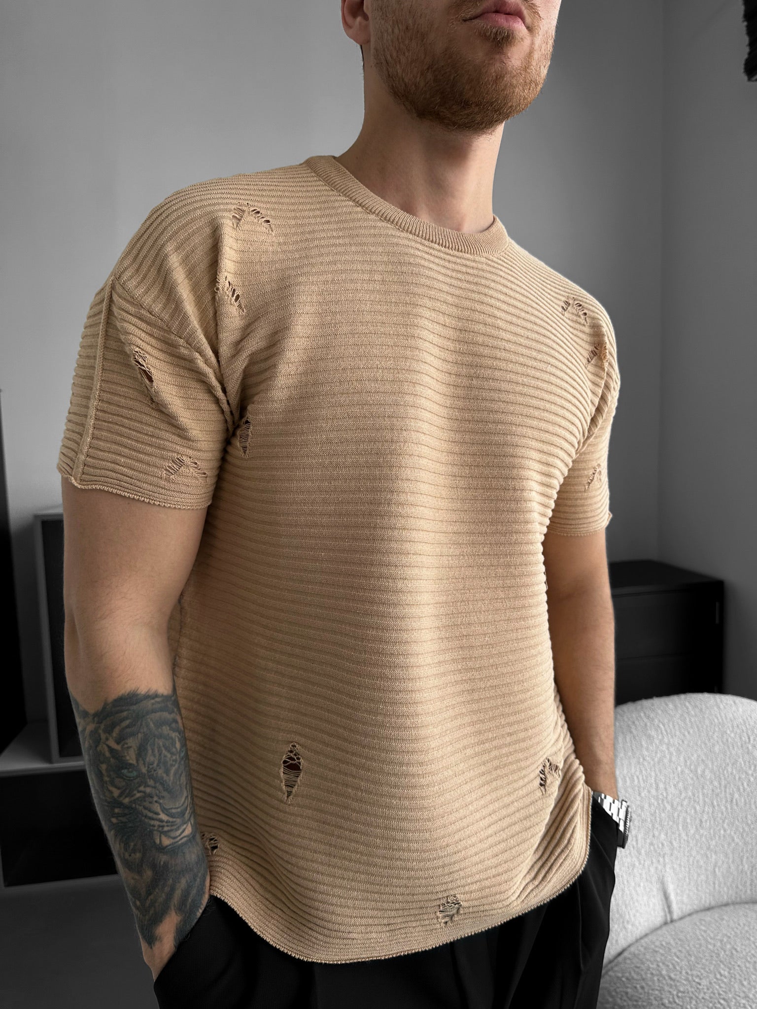 Loose Fit Torn Ribbed Knit T-Shirt - Beige - Image 2