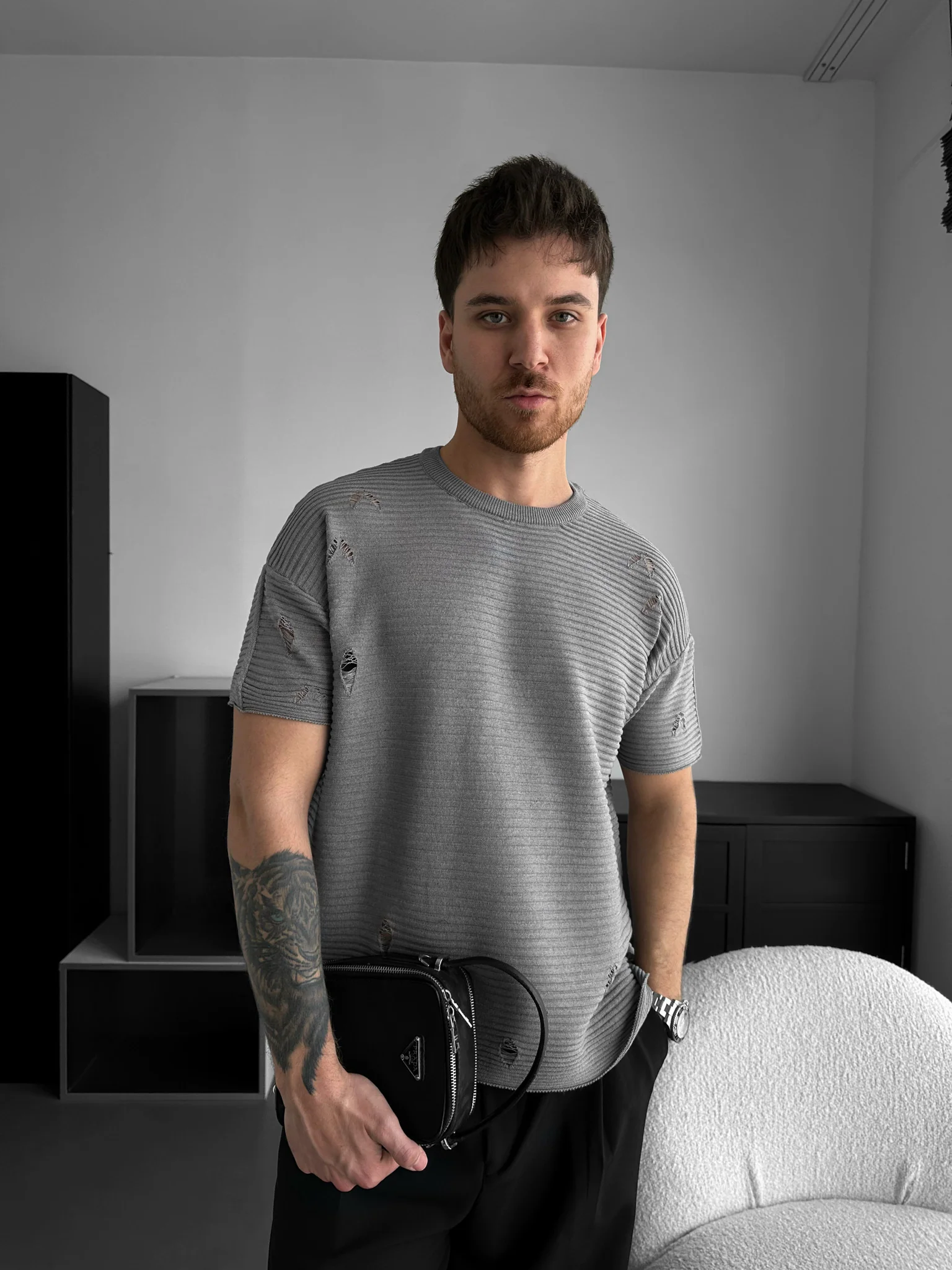 Loose Fit Torn Ribbed Knit T-Shirt - Grey Melange